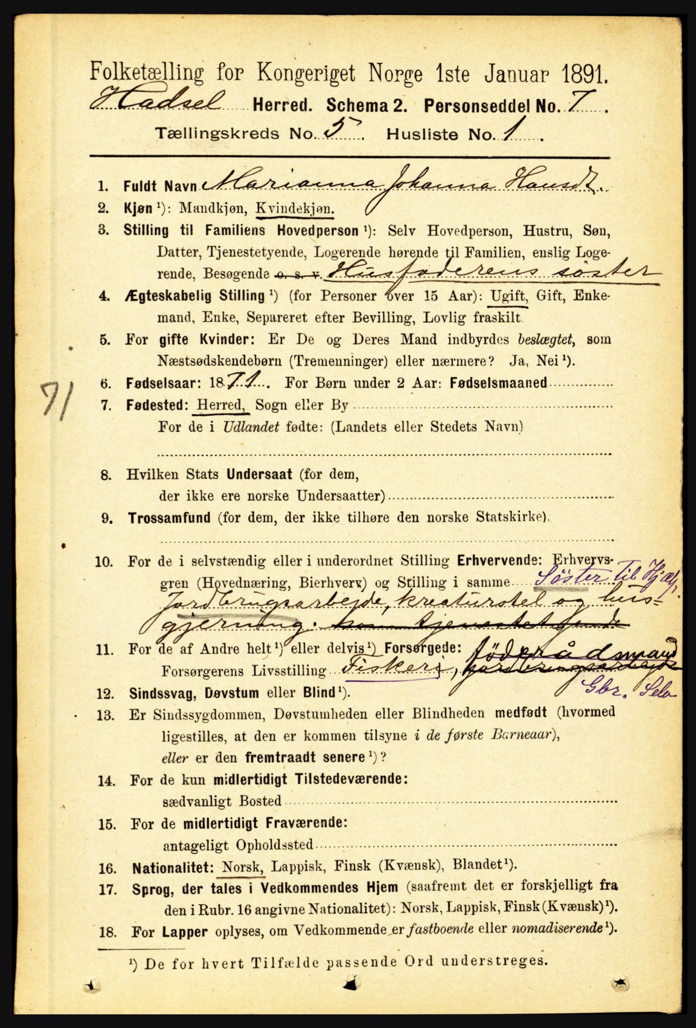 RA, 1891 census for 1866 Hadsel, 1891, p. 2130