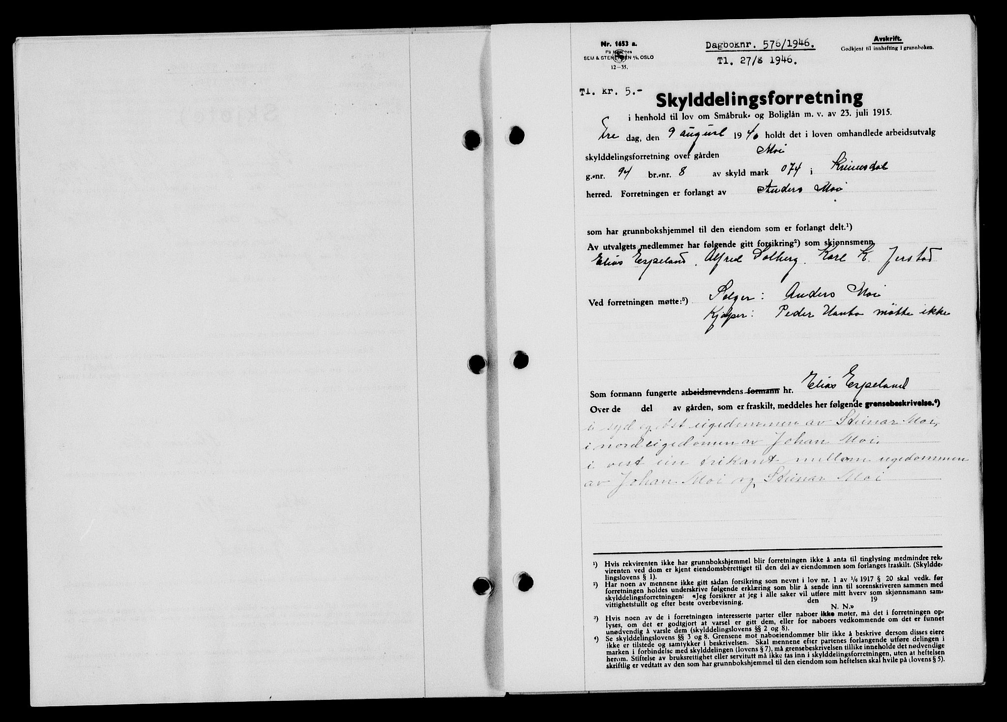 Flekkefjord sorenskriveri, AV/SAK-1221-0001/G/Gb/Gba/L0060: Mortgage book no. A-8, 1945-1946, Diary no: : 576/1946