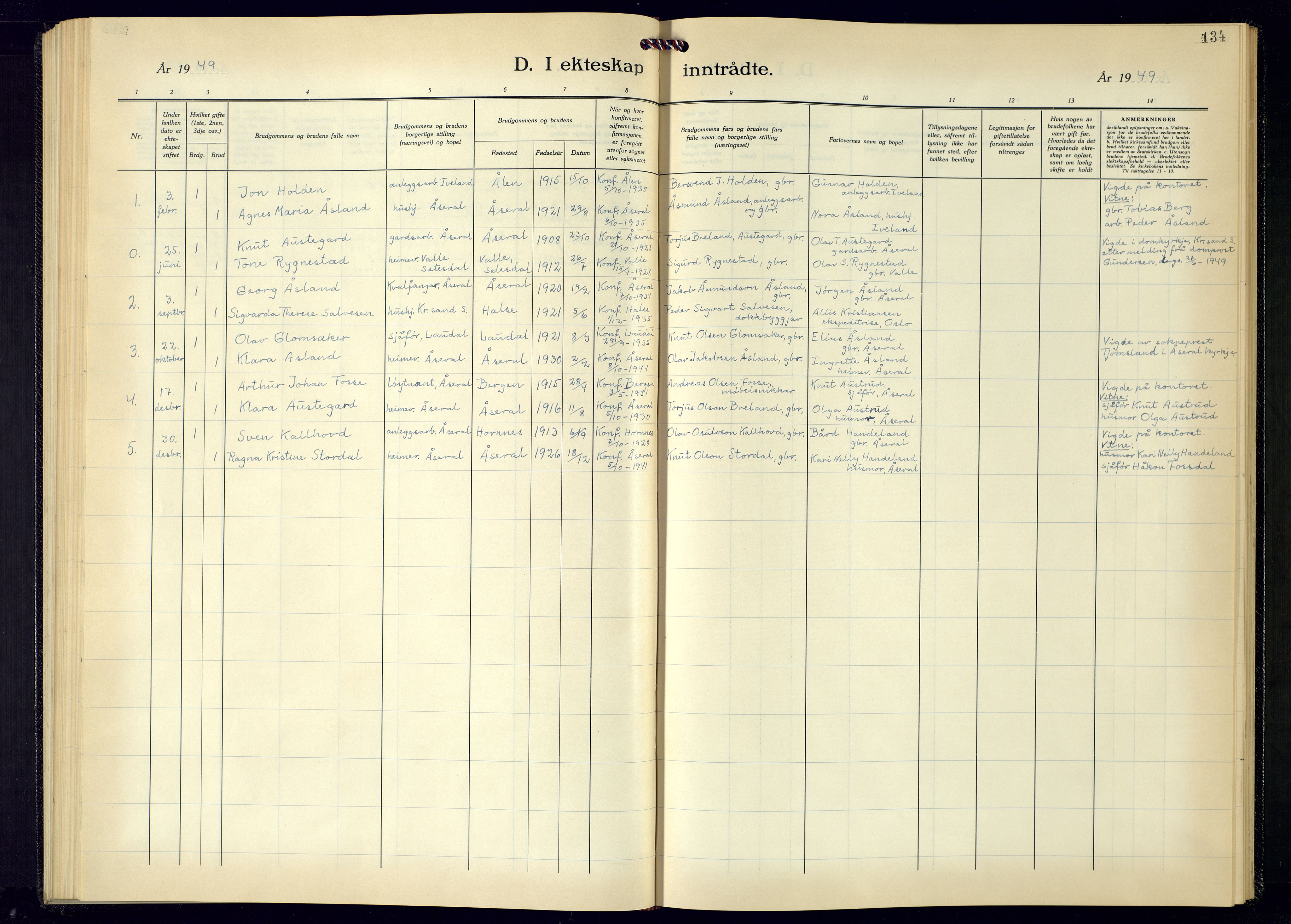 Åseral sokneprestkontor, SAK/1111-0051/F/Fb/L0005: Parish register (copy) no. B-5, 1946-1979, p. 134