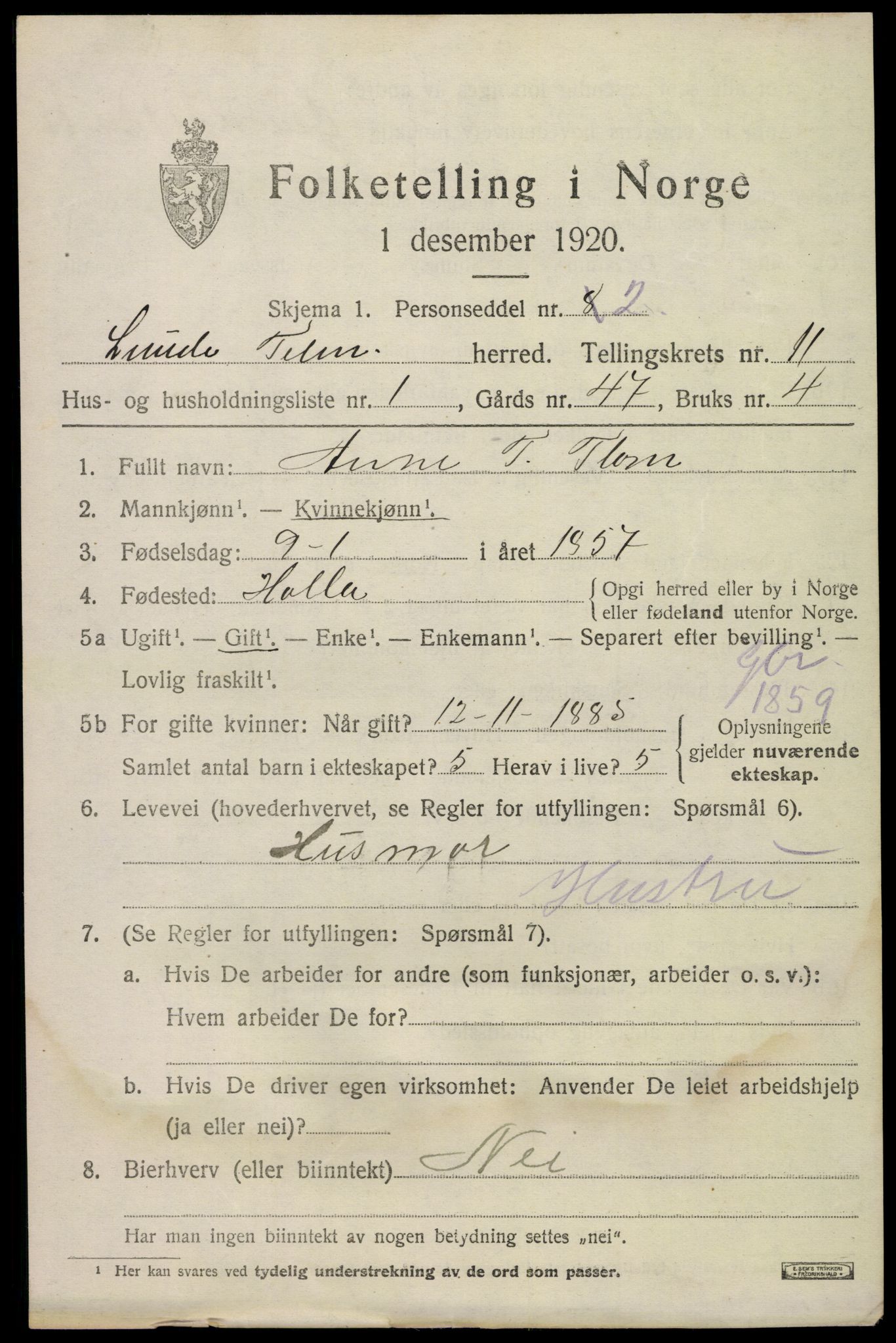 SAKO, 1920 census for Lunde, 1920, p. 6037