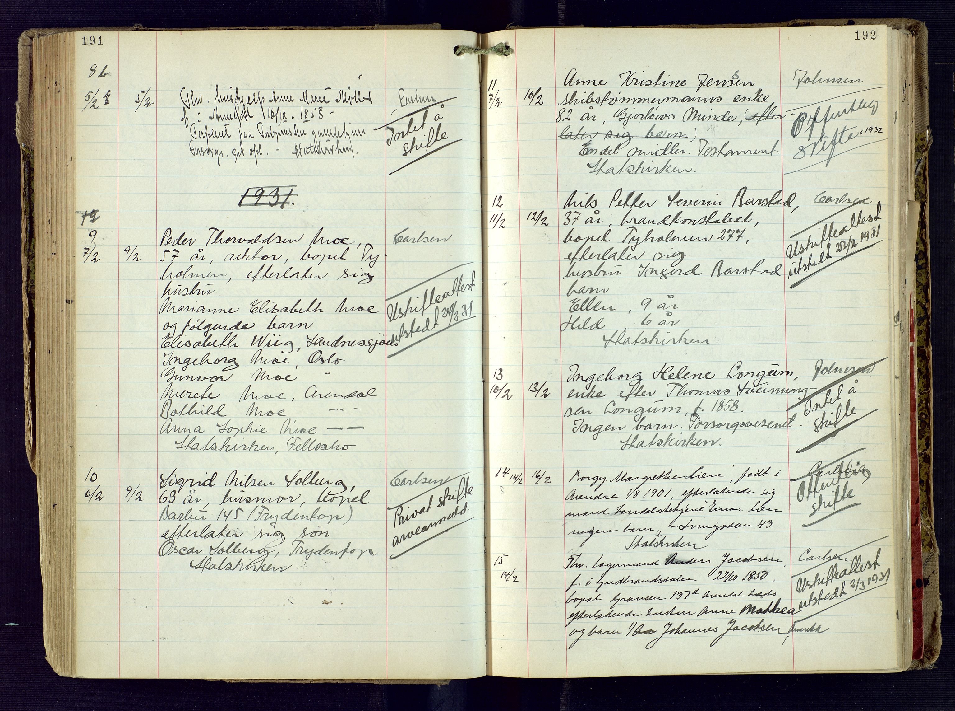 Arendal byfogd, AV/SAK-1222-0001/H/Ha/L0005: Dødsfallsprotokoll, 1926-1935, p. 191-192