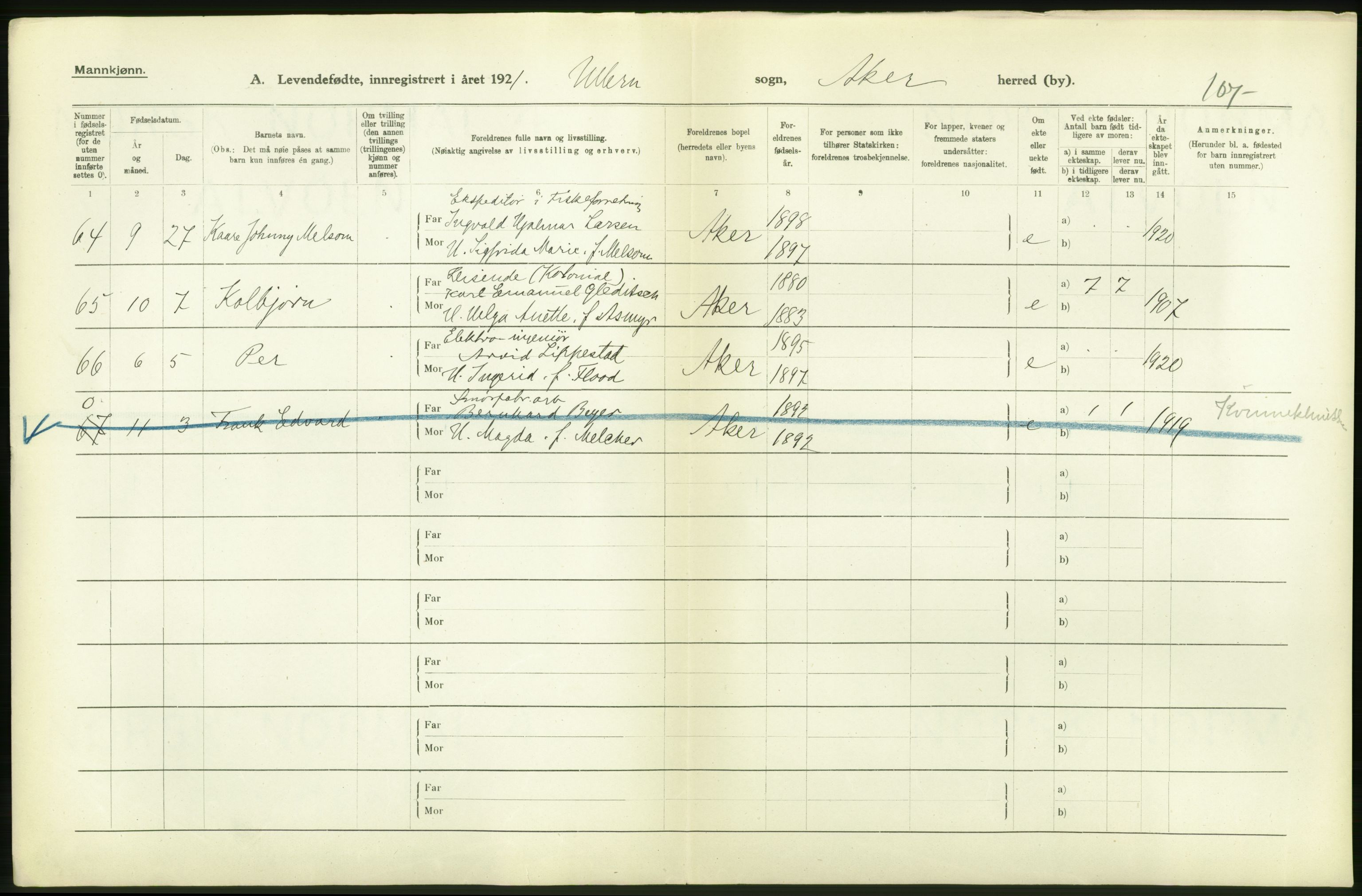 Statistisk sentralbyrå, Sosiodemografiske emner, Befolkning, AV/RA-S-2228/D/Df/Dfc/Dfca/L0004: Akershus fylke: Levendefødte menn og kvinner. Bygder., 1921, p. 28