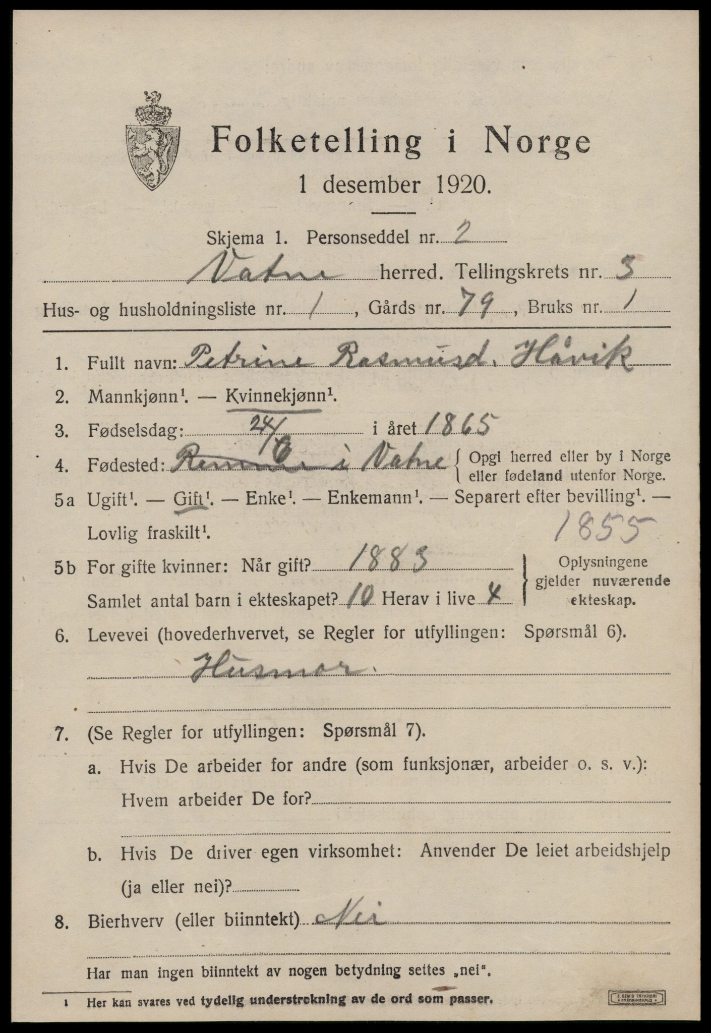 SAT, 1920 census for Vatne, 1920, p. 1400