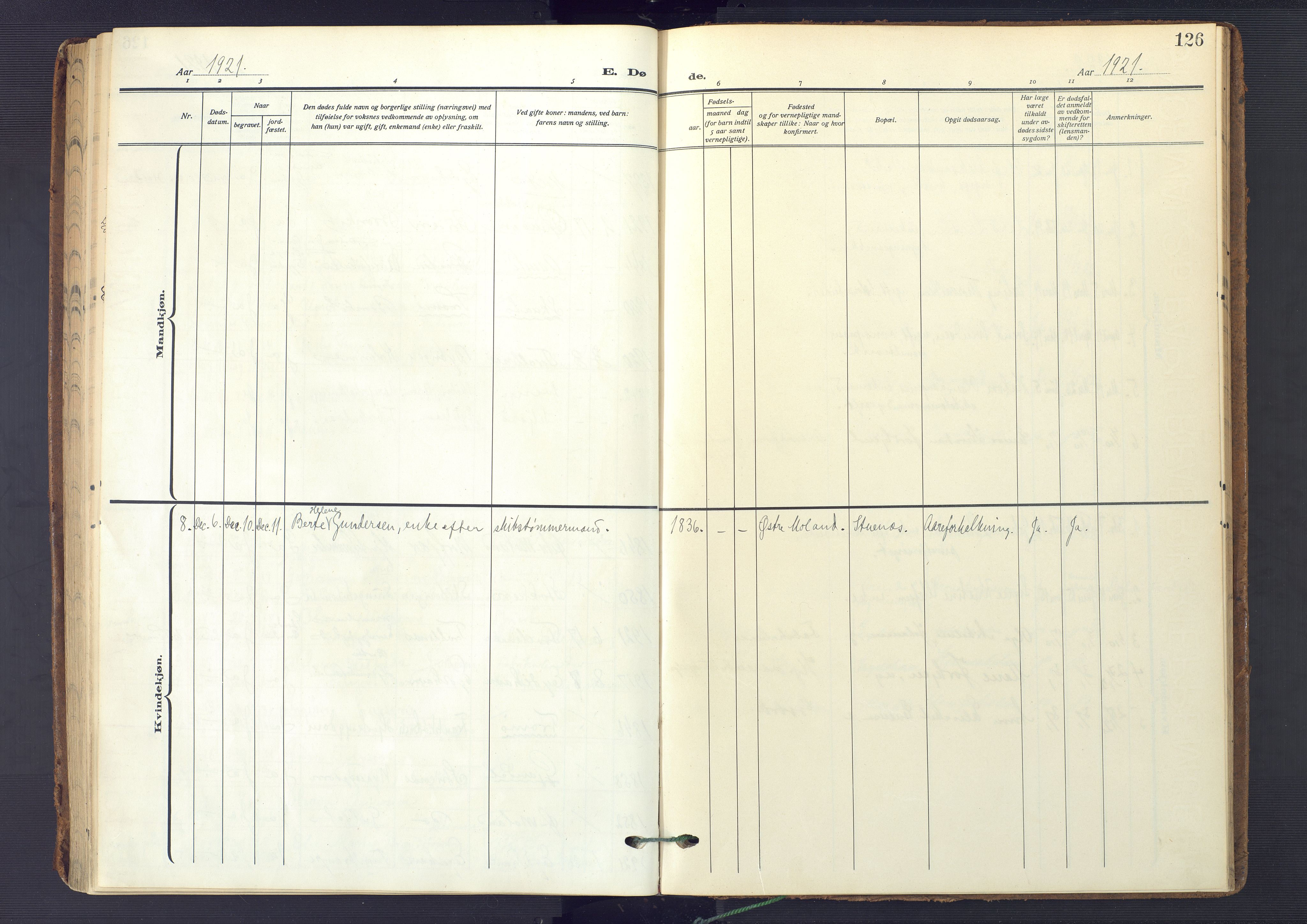 Austre Moland sokneprestkontor, SAK/1111-0001/F/Fa/Fab/L0003: Parish register (official) no. A 3, 1914-1927, p. 126