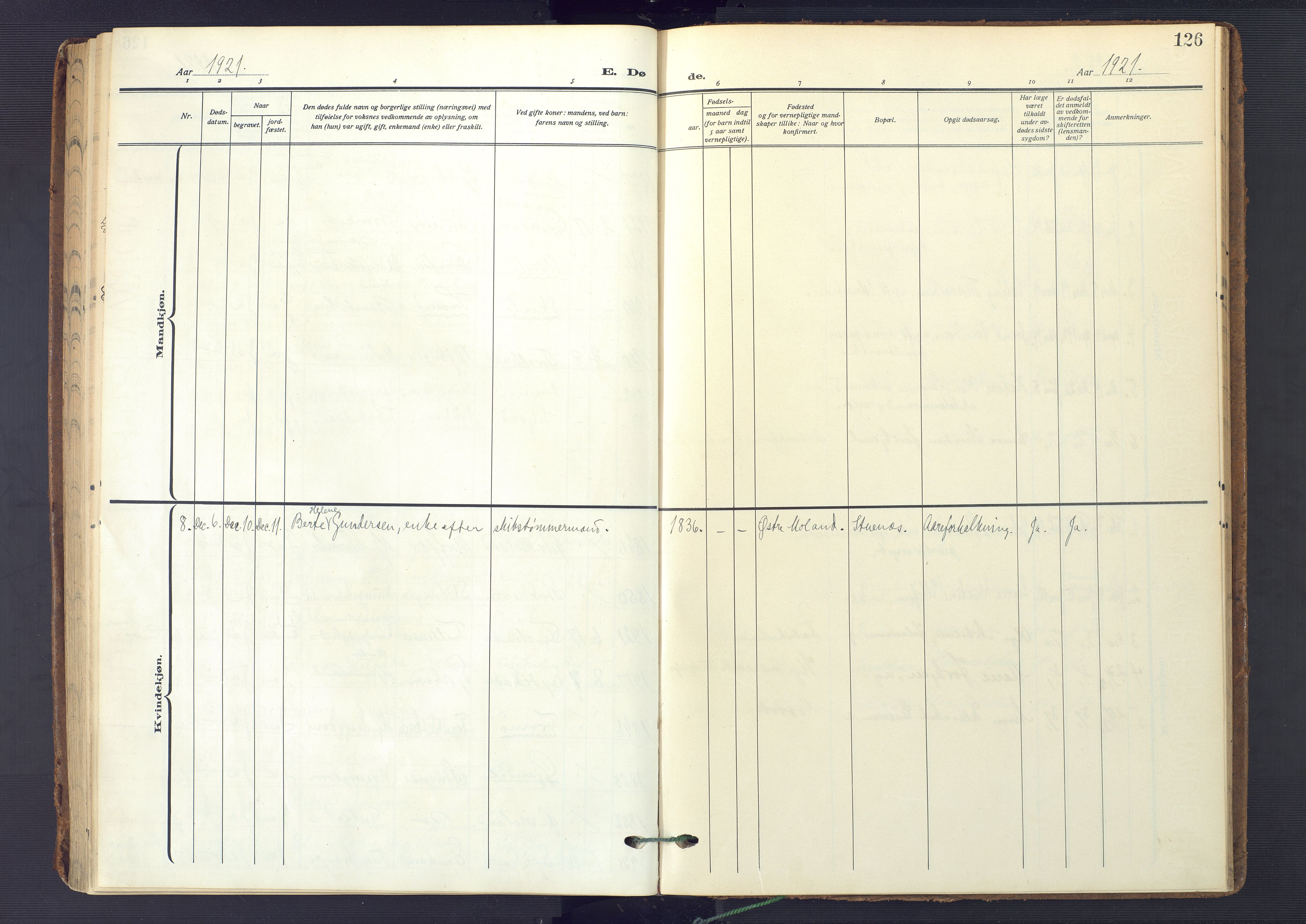 Austre Moland sokneprestkontor, AV/SAK-1111-0001/F/Fa/Fab/L0003: Parish register (official) no. A 3, 1914-1927, p. 126