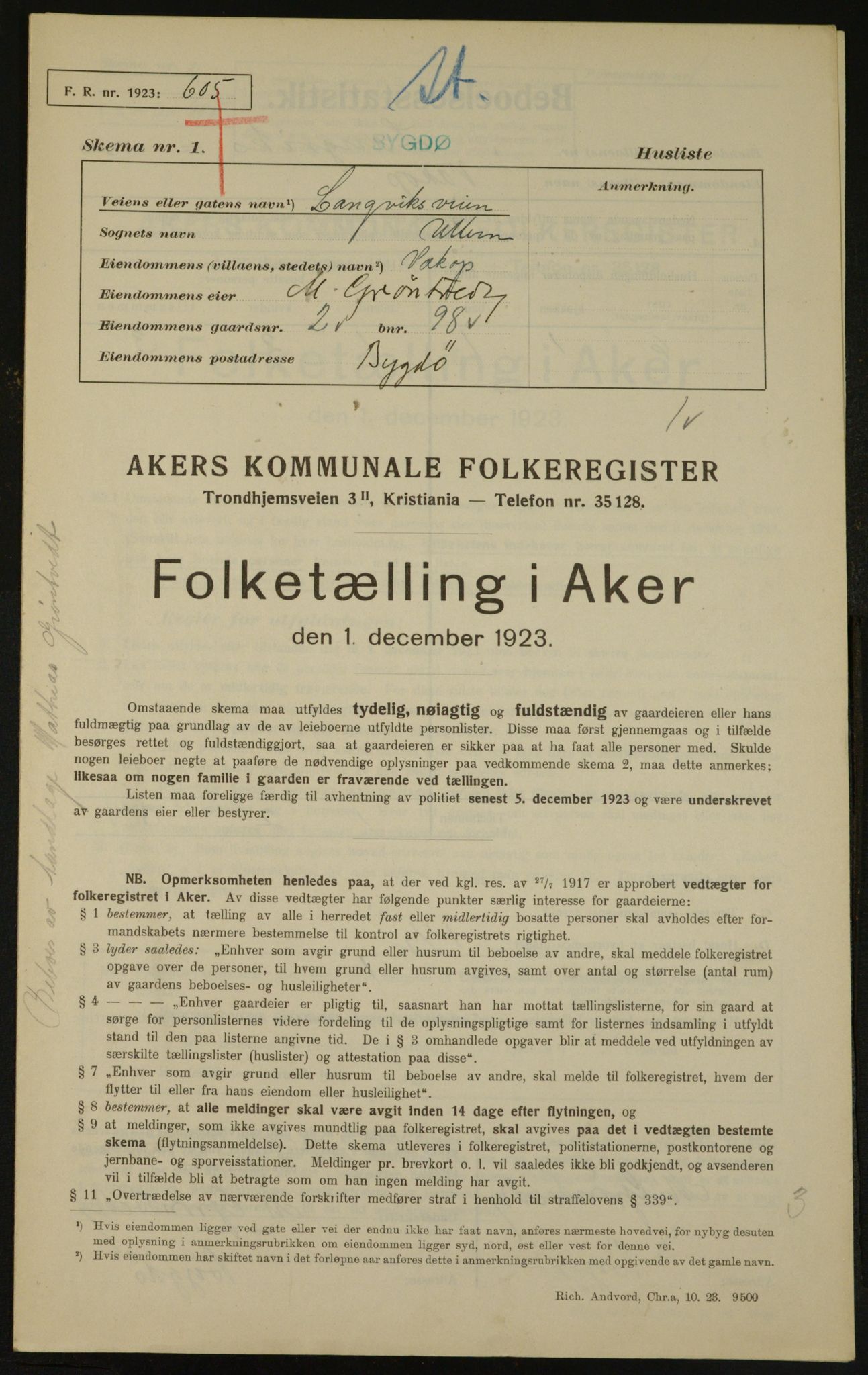 , Municipal Census 1923 for Aker, 1923, p. 3544