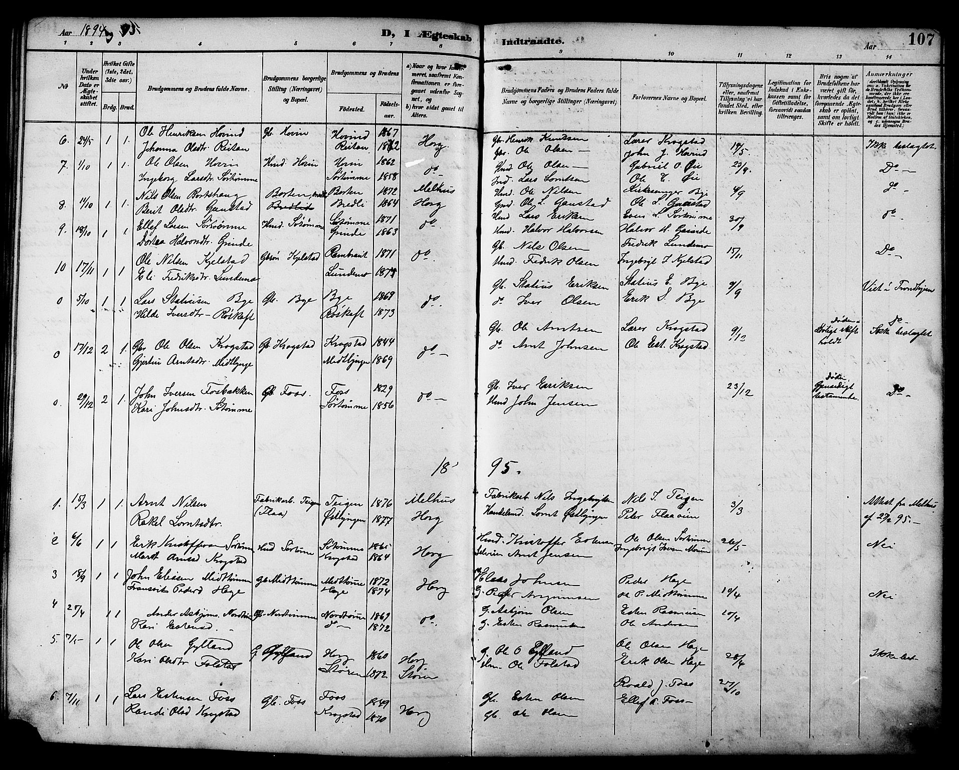 Ministerialprotokoller, klokkerbøker og fødselsregistre - Sør-Trøndelag, SAT/A-1456/692/L1111: Parish register (copy) no. 692C06, 1890-1904, p. 107