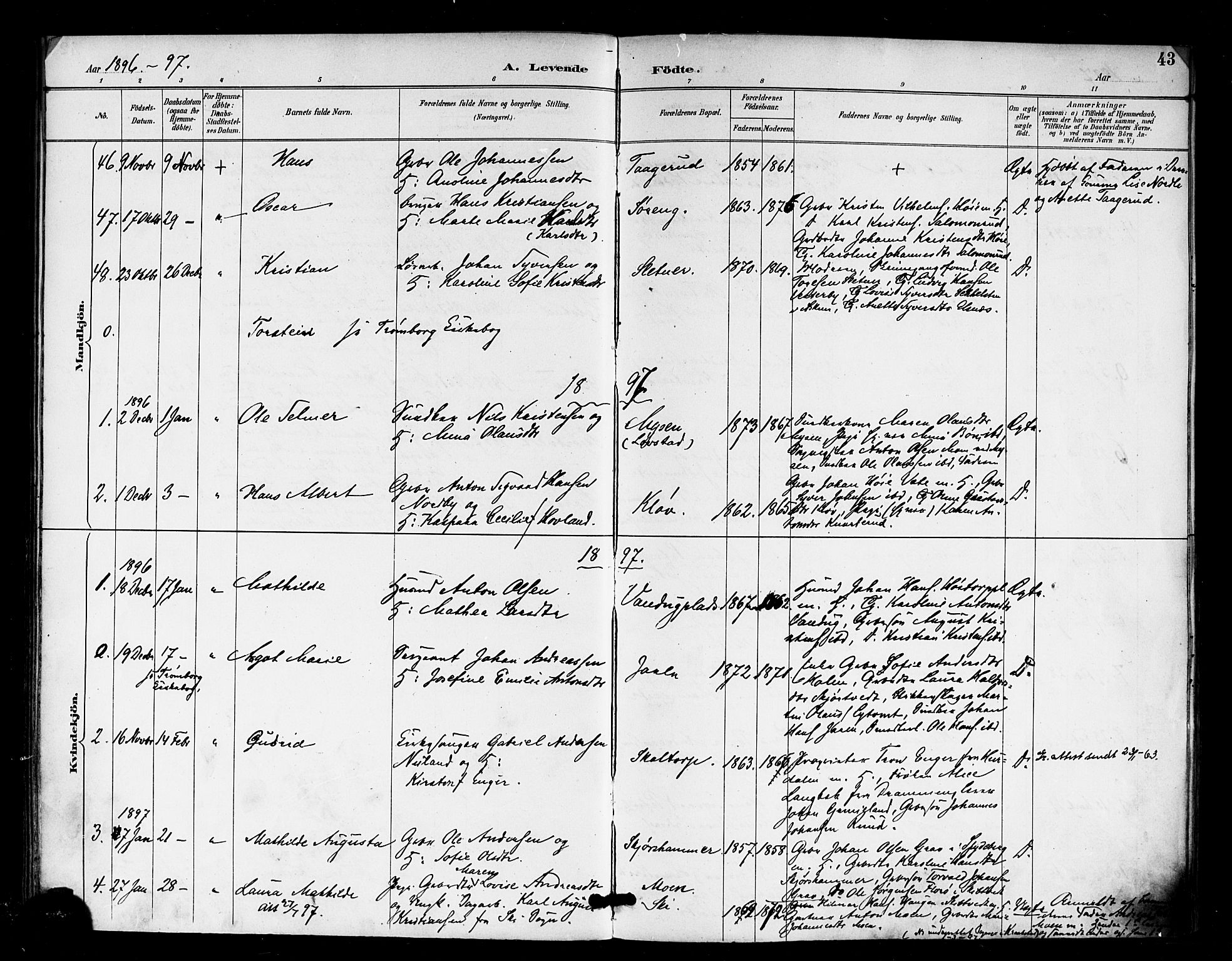 Eidsberg prestekontor Kirkebøker, SAO/A-10905/F/Fa/L0013: Parish register (official) no. I 13, 1890-1901, p. 43