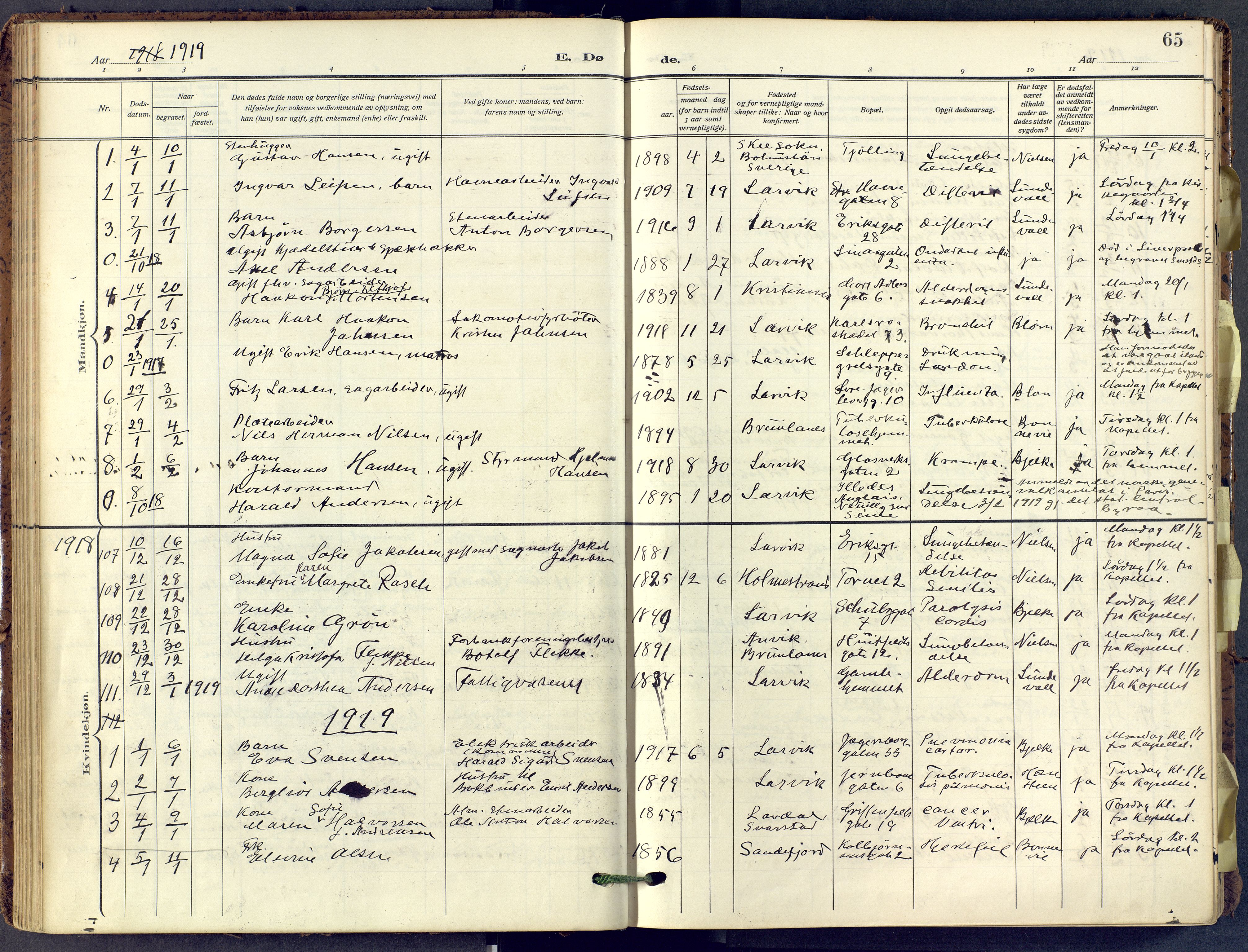 Larvik kirkebøker, AV/SAKO-A-352/F/Fa/L0013: Parish register (official) no. I 13, 1910-1960, p. 65