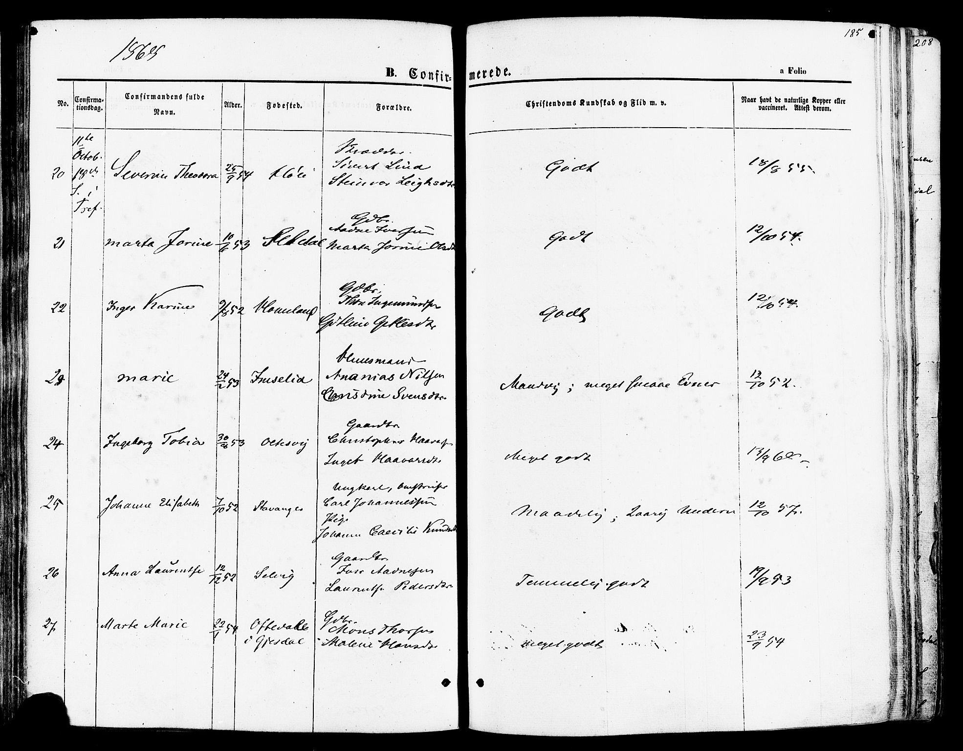 Høgsfjord sokneprestkontor, AV/SAST-A-101624/H/Ha/Haa/L0002: Parish register (official) no. A 2, 1855-1885, p. 185