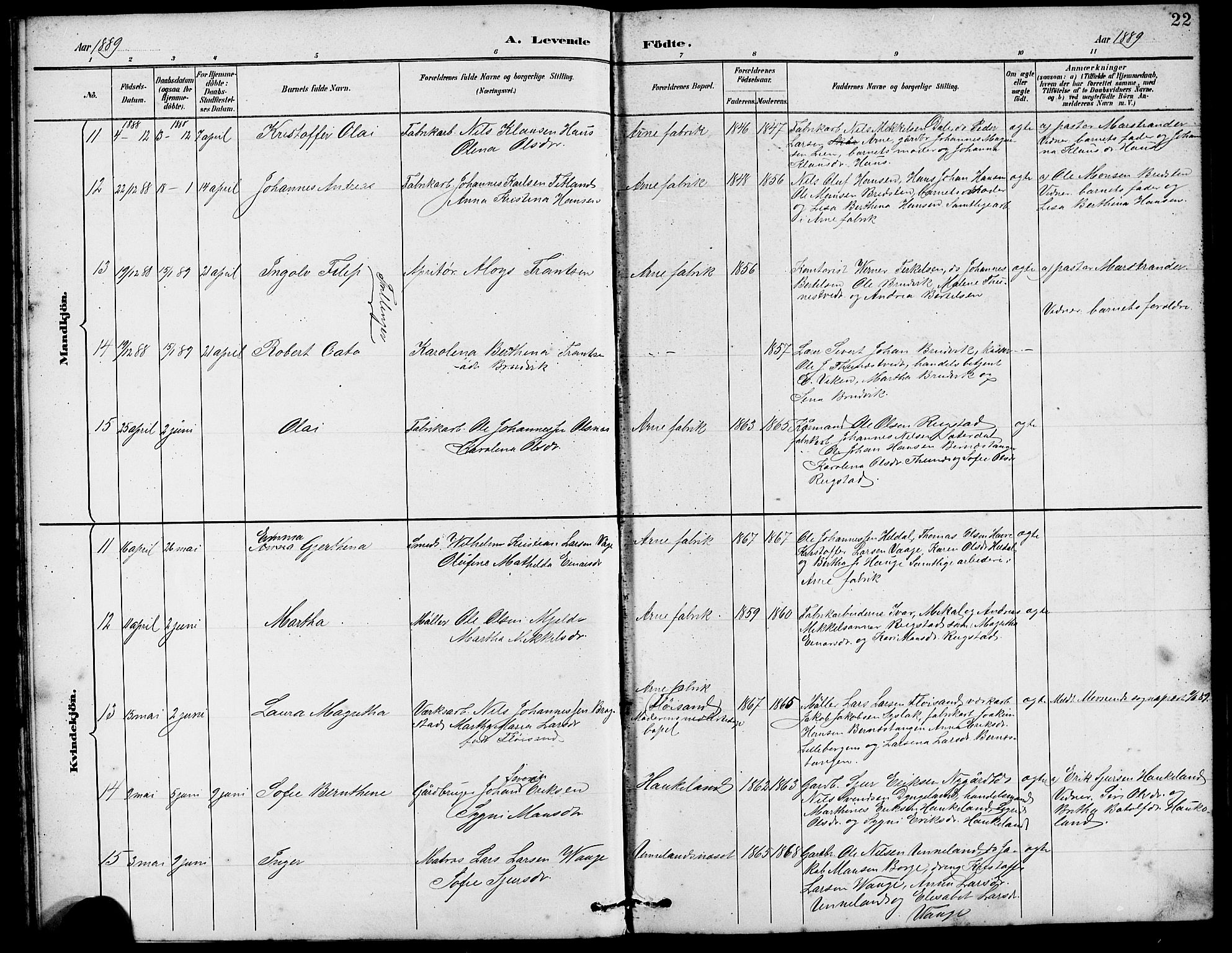 Arna Sokneprestembete, SAB/A-74001/H/Ha/Hab: Parish register (copy) no. A 3, 1887-1897, p. 22