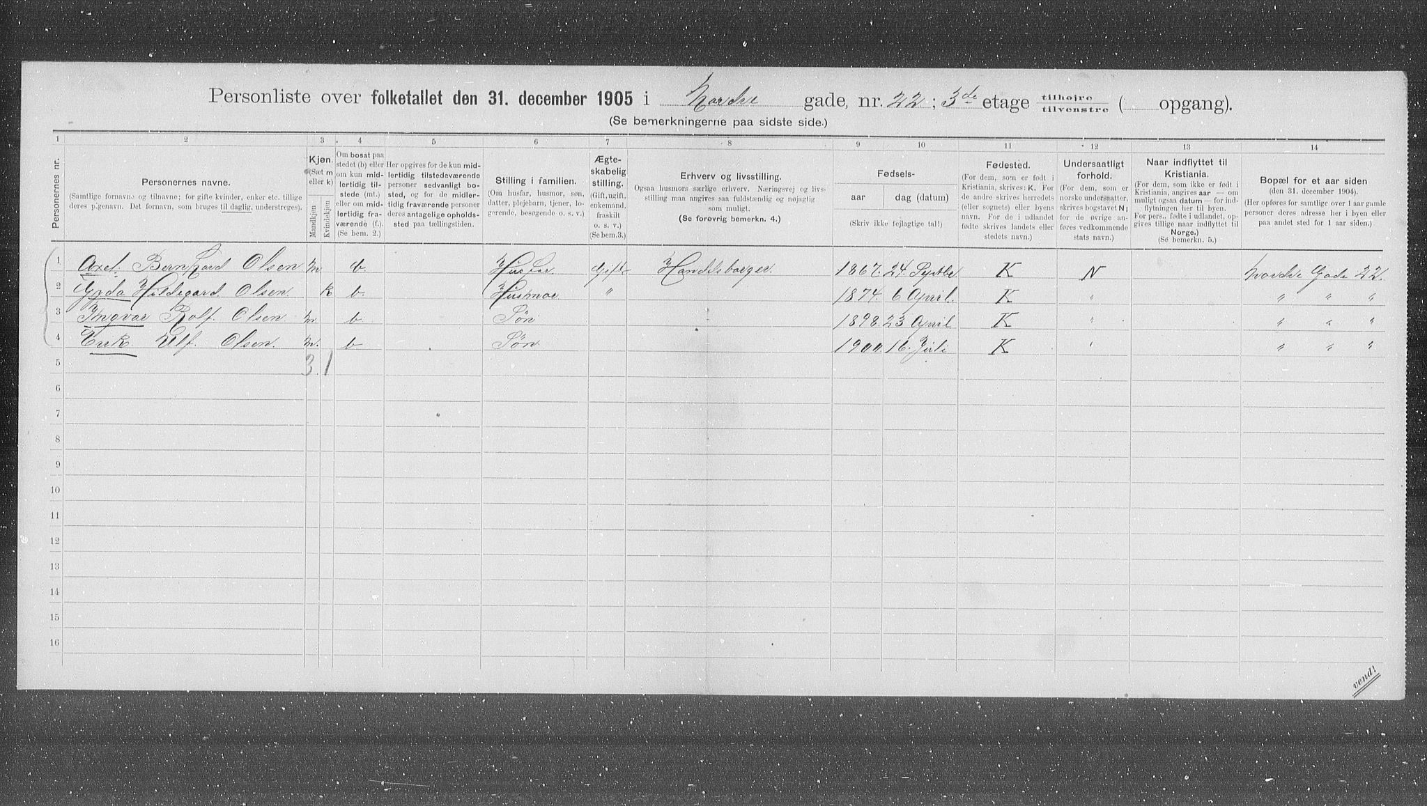 OBA, Municipal Census 1905 for Kristiania, 1905, p. 38607