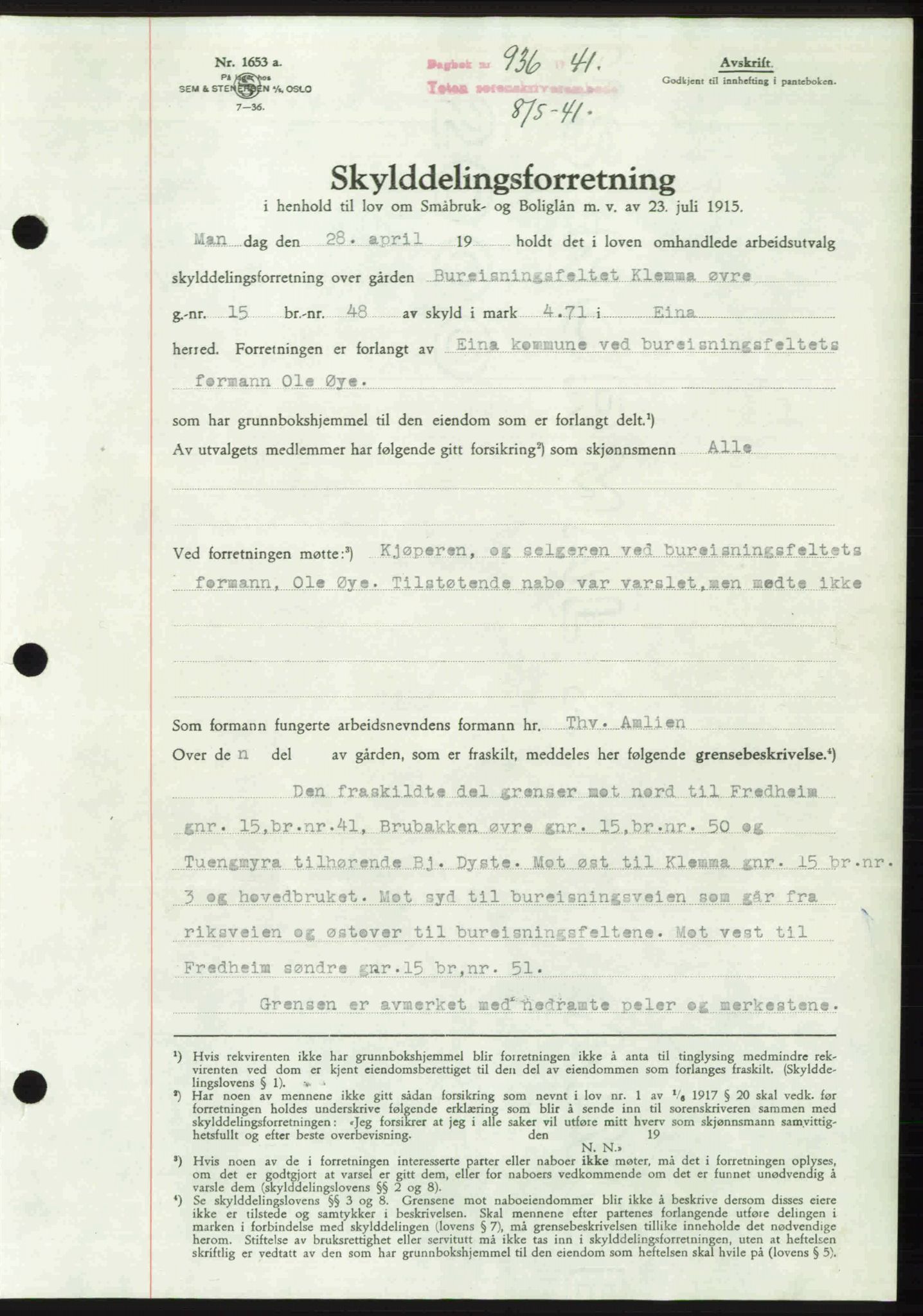 Toten tingrett, SAH/TING-006/H/Hb/Hbc/L0008: Mortgage book no. Hbc-08, 1941-1941, Diary no: : 936/1941