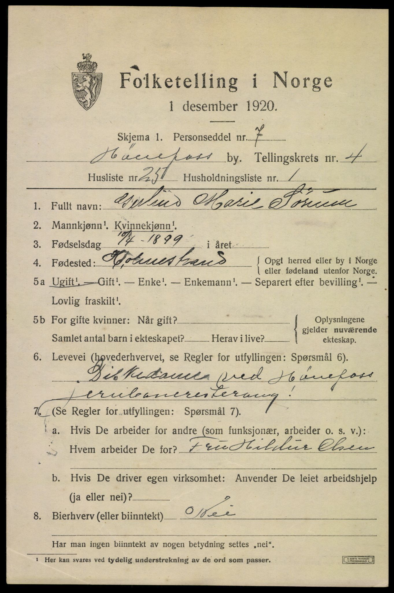 SAKO, 1920 census for Hønefoss, 1920, p. 6618