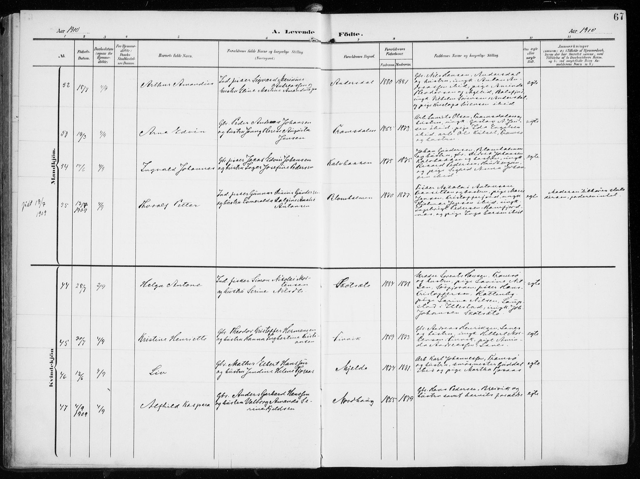 Tromsøysund sokneprestkontor, AV/SATØ-S-1304/G/Ga/L0007kirke: Parish register (official) no. 7, 1907-1914, p. 67