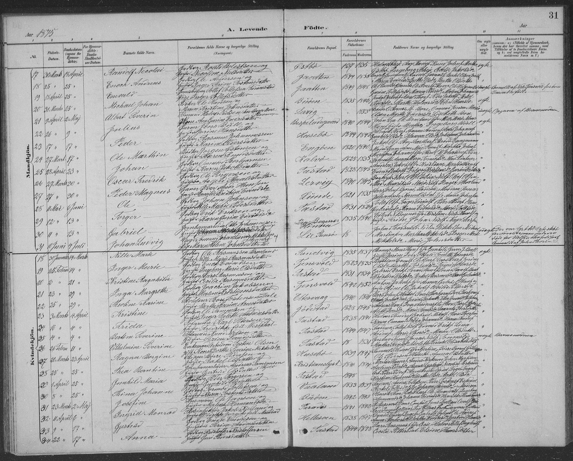 Hetland sokneprestkontor, AV/SAST-A-101826/30/30BB/L0004: Parish register (copy) no. B 4, 1869-1877, p. 31