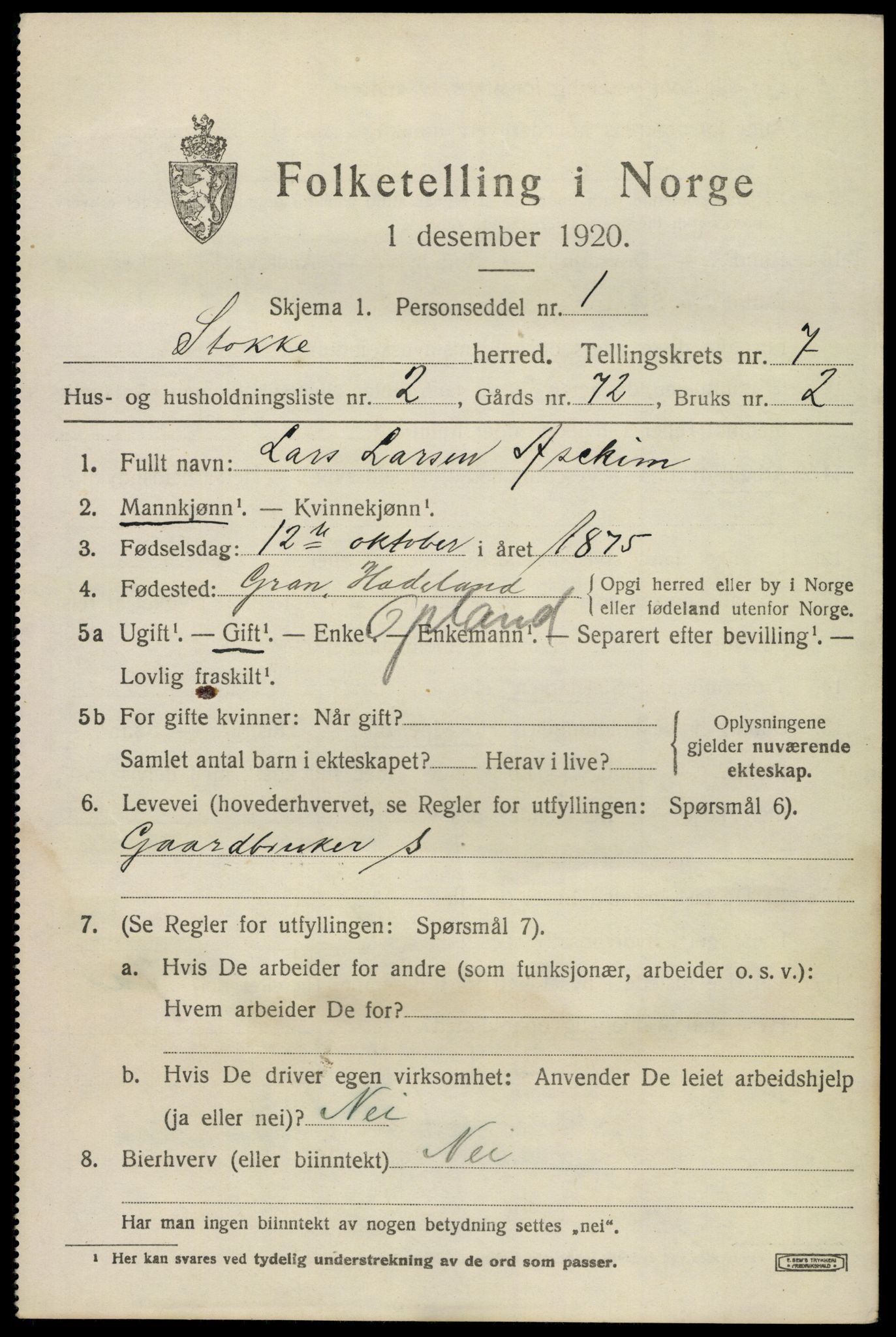 SAKO, 1920 census for Stokke, 1920, p. 7858