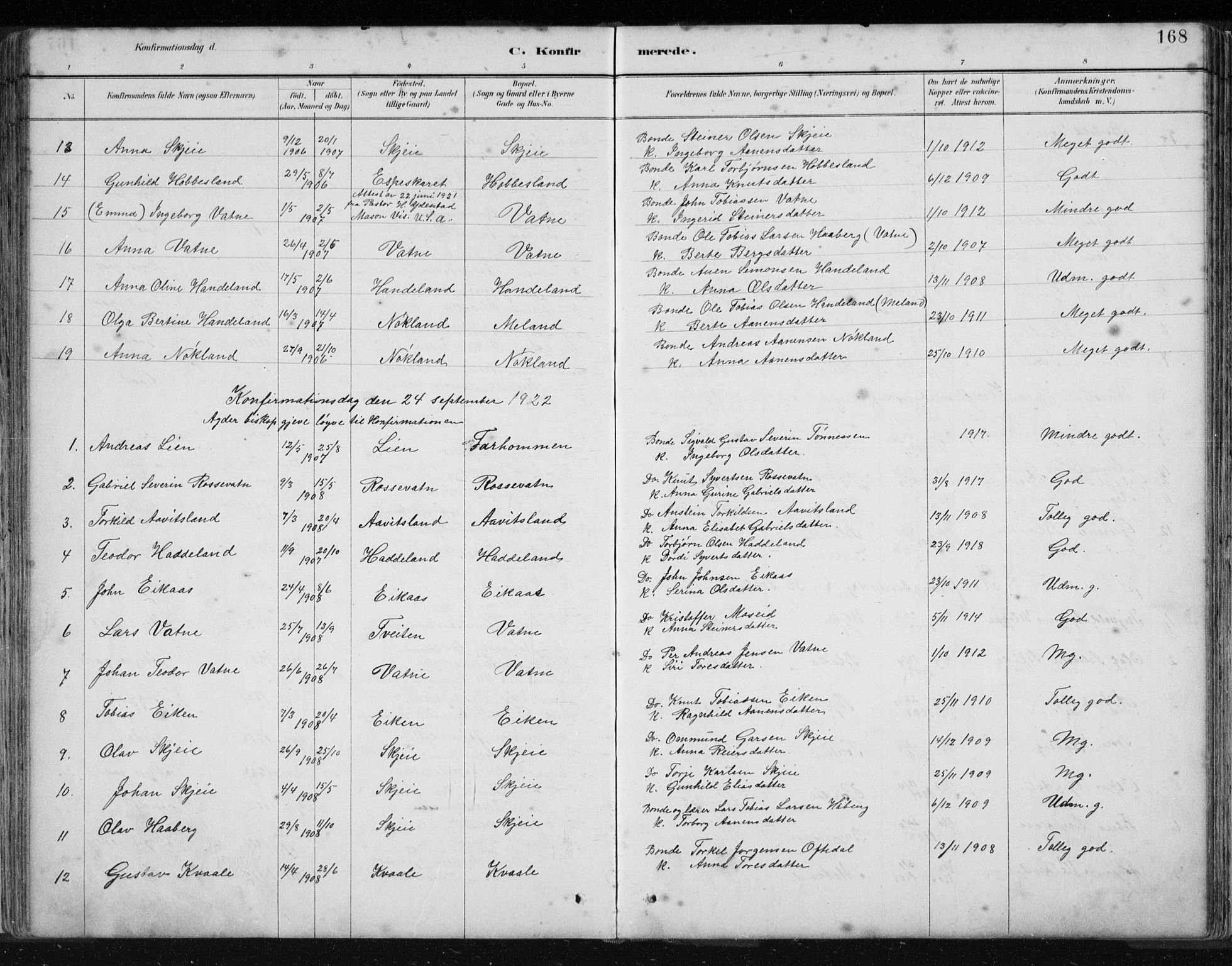 Hægebostad sokneprestkontor, AV/SAK-1111-0024/F/Fb/Fbb/L0003: Parish register (copy) no. B 3, 1887-1937, p. 168