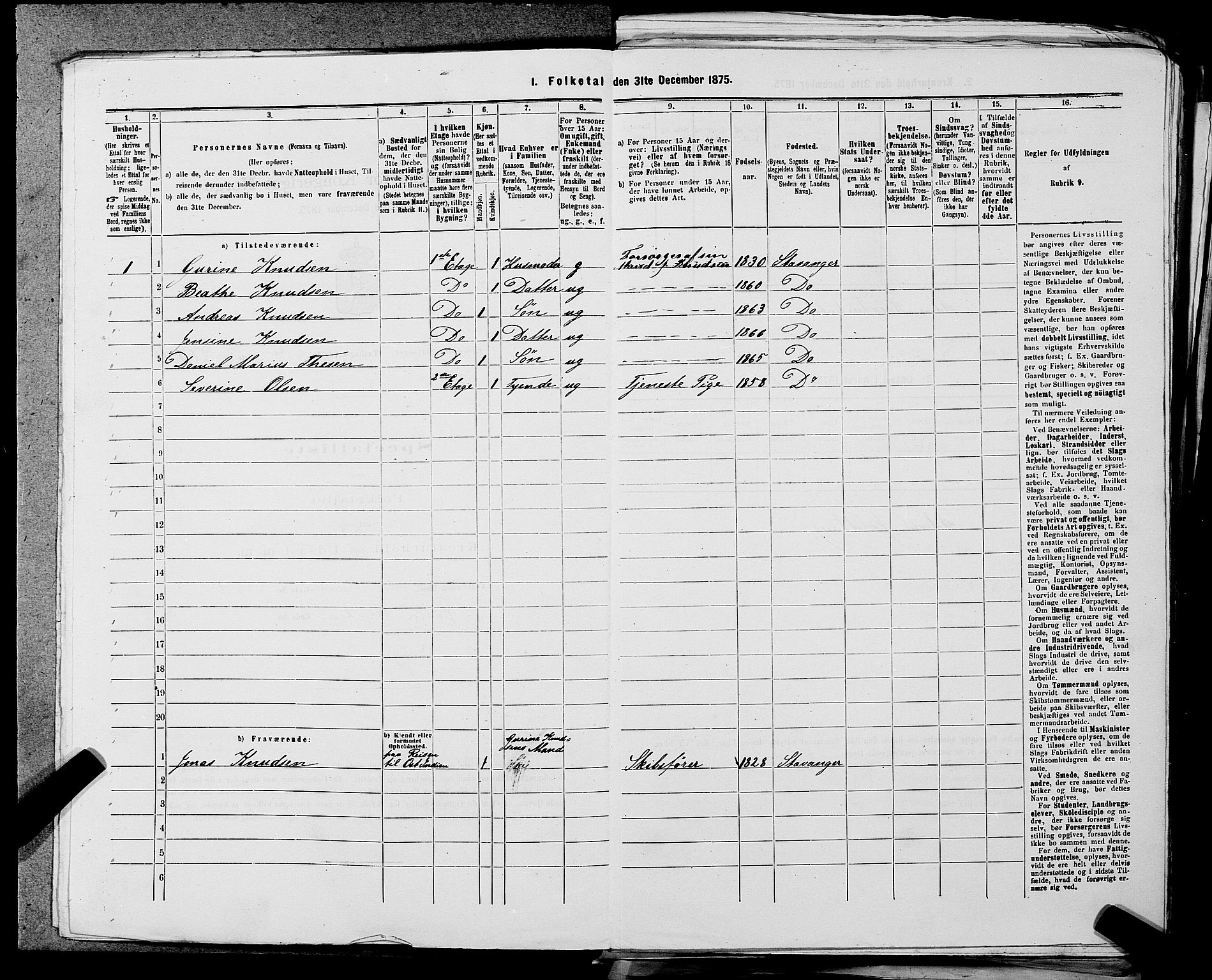 SAST, 1875 census for 1103 Stavanger, 1875, p. 650