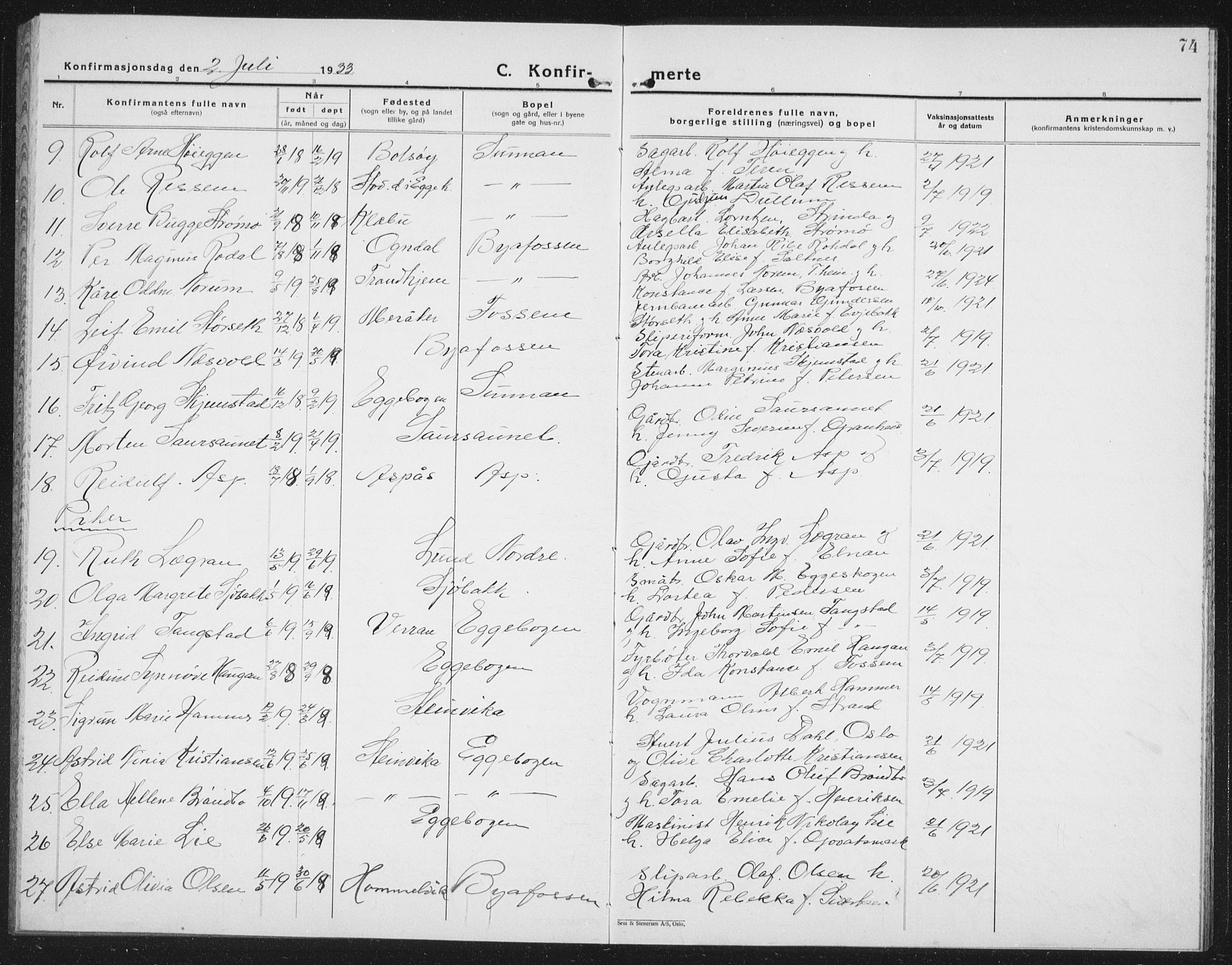 Ministerialprotokoller, klokkerbøker og fødselsregistre - Nord-Trøndelag, SAT/A-1458/740/L0383: Parish register (copy) no. 740C04, 1927-1939, p. 74