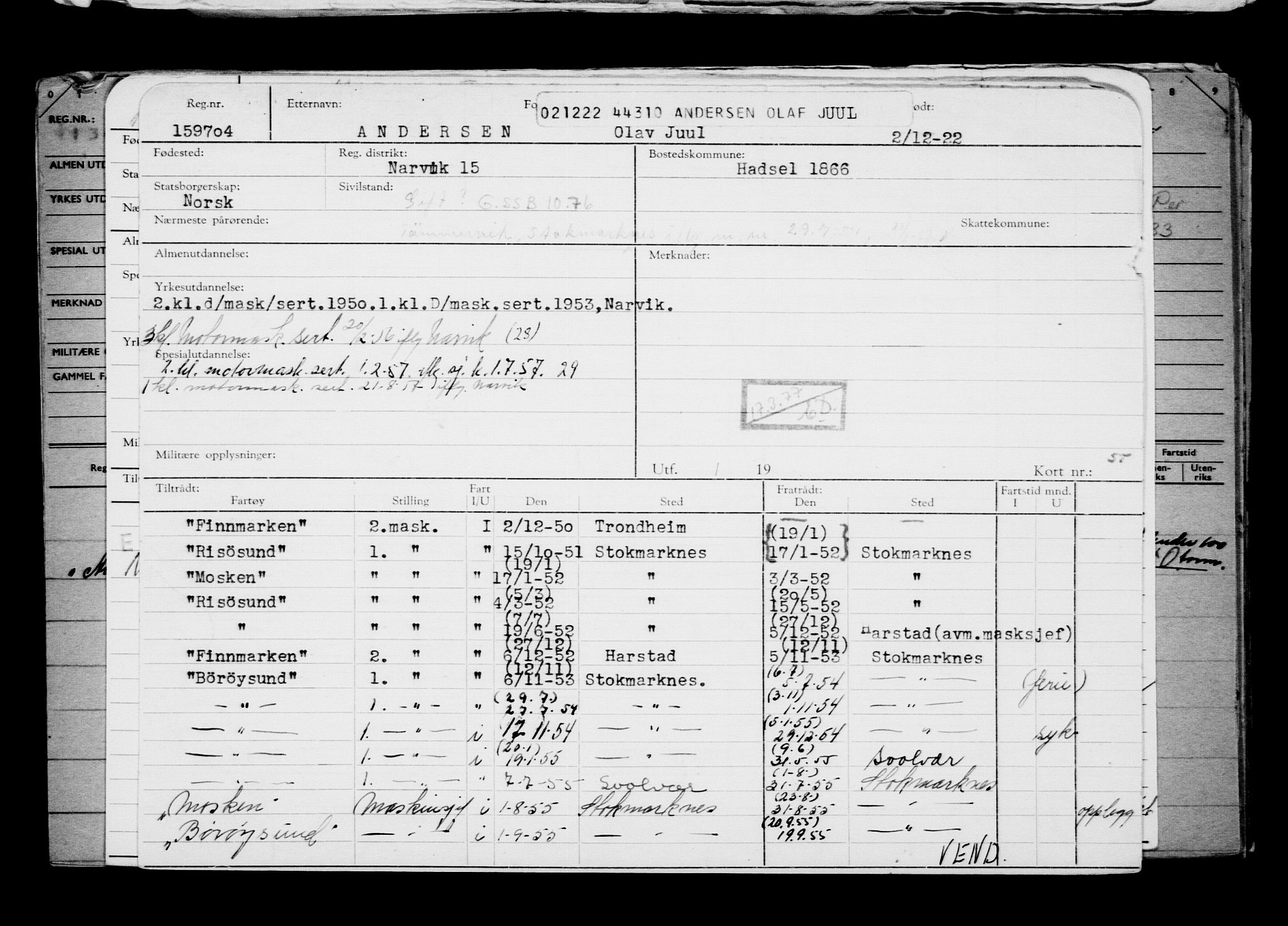 Direktoratet for sjømenn, RA/S-3545/G/Gb/L0213: Hovedkort, 1922, p. 21