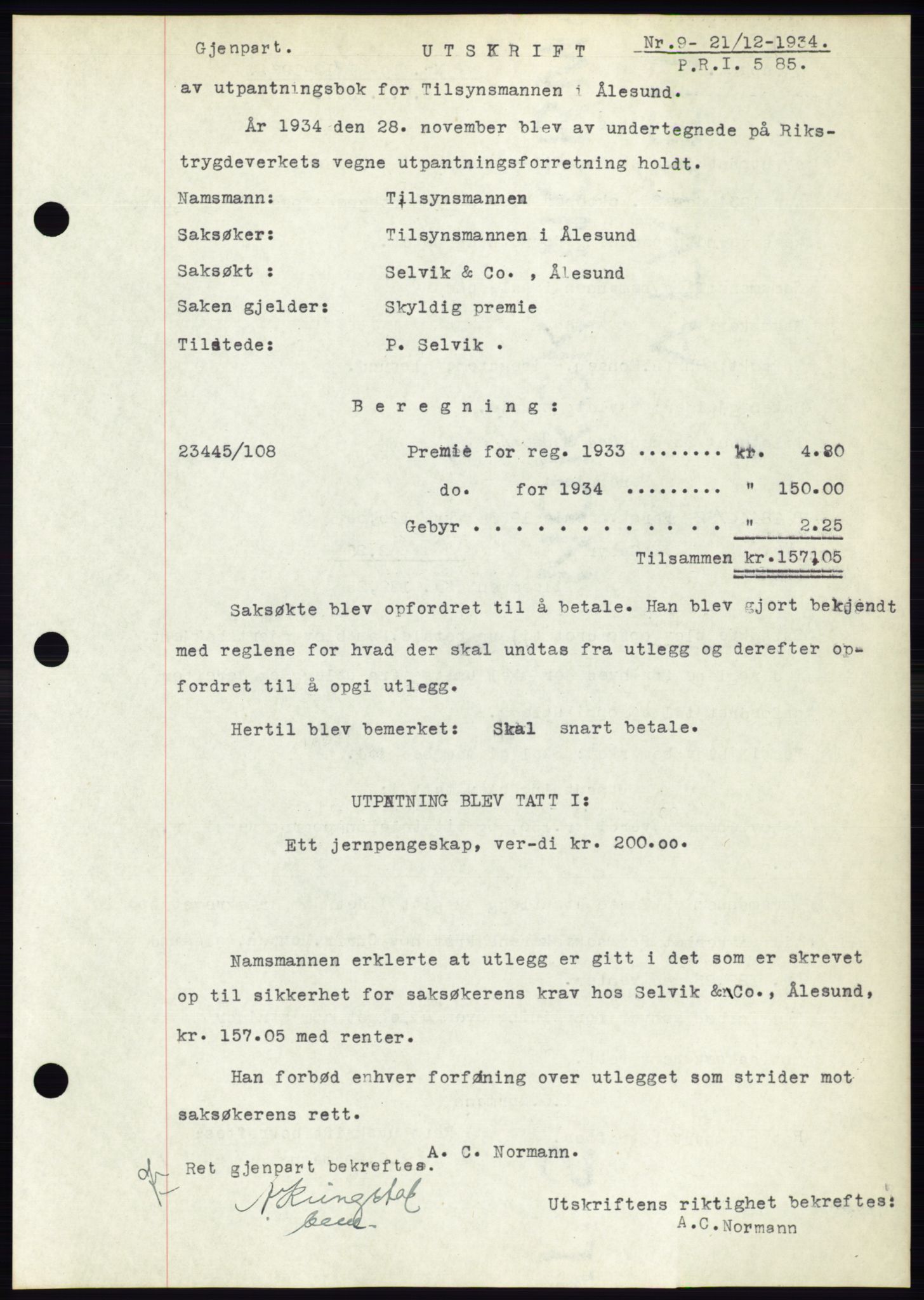 Ålesund byfogd, AV/SAT-A-4384: Mortgage book no. 32, 1934-1935, Deed date: 21.12.1934