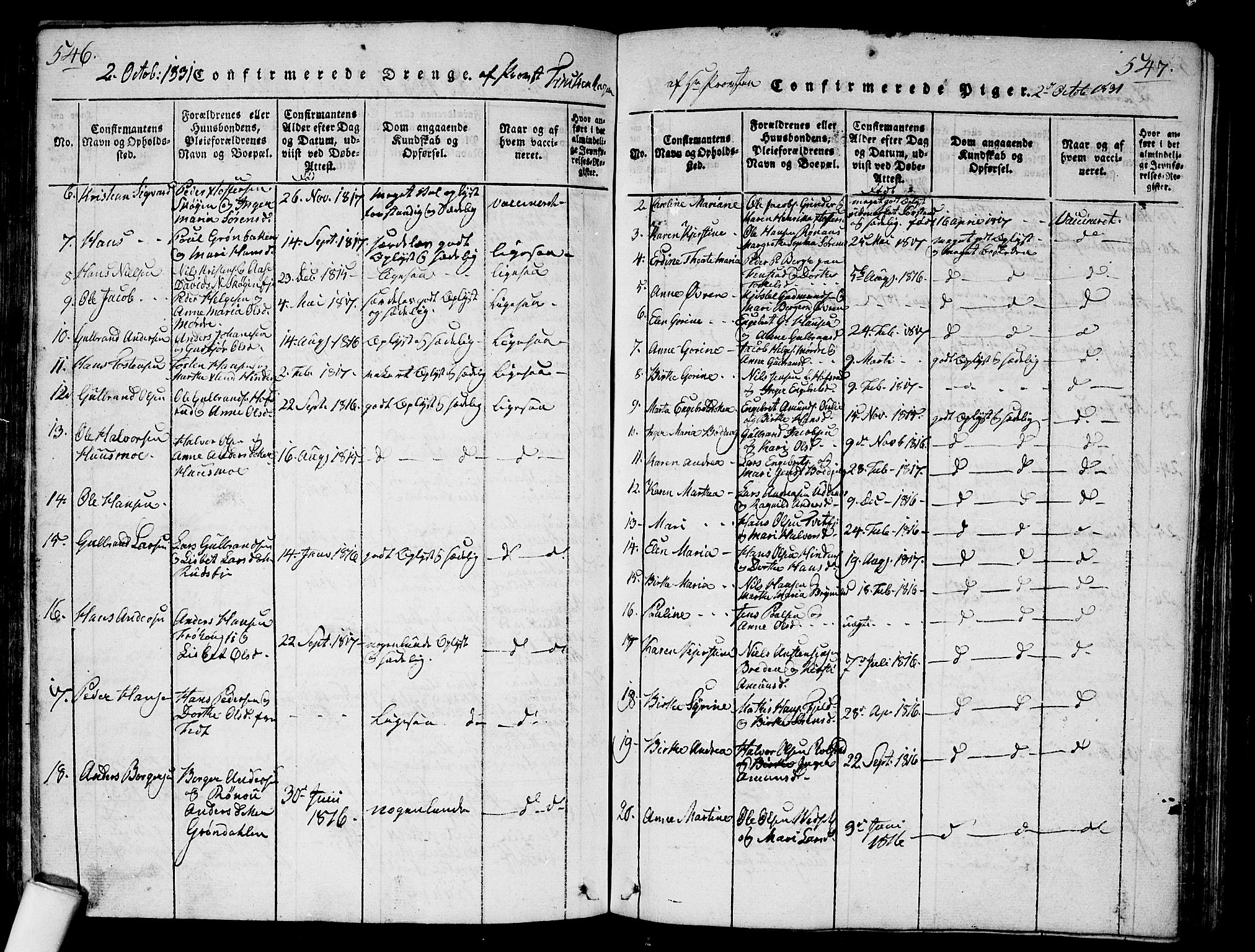 Nes prestekontor Kirkebøker, AV/SAO-A-10410/G/Ga/L0001: Parish register (copy) no. I 1, 1815-1835, p. 546-547