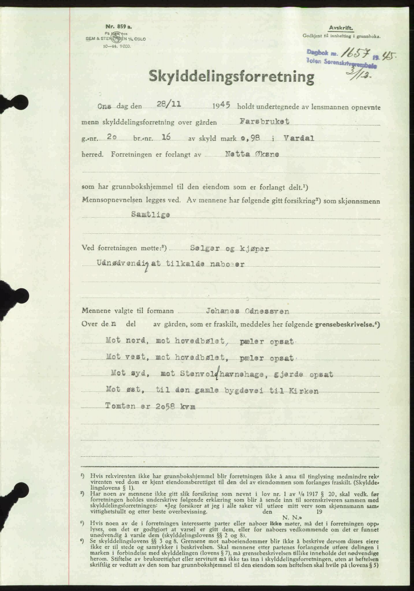 Toten tingrett, SAH/TING-006/H/Hb/Hbc/L0013: Mortgage book no. Hbc-13, 1945-1945, Diary no: : 1657/1945