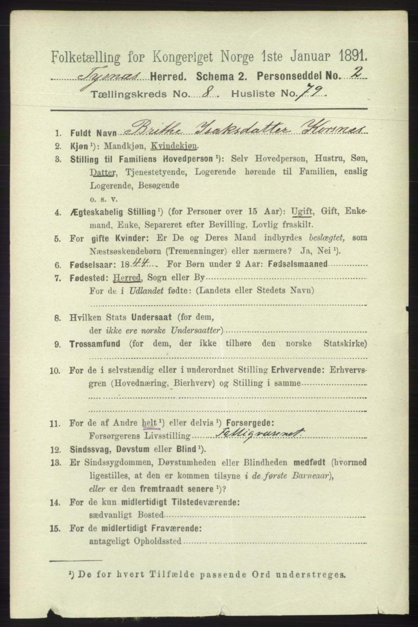 RA, 1891 census for 1223 Tysnes, 1891, p. 4137