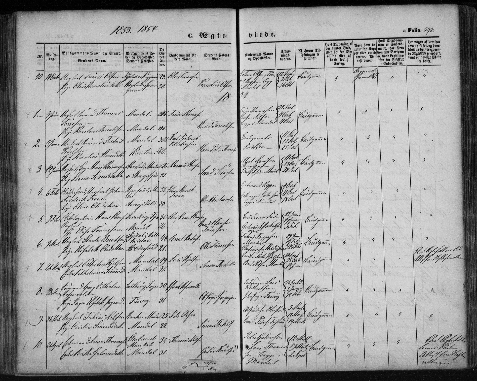 Mandal sokneprestkontor, SAK/1111-0030/F/Fa/Faa/L0013: Parish register (official) no. A 13, 1847-1859, p. 292