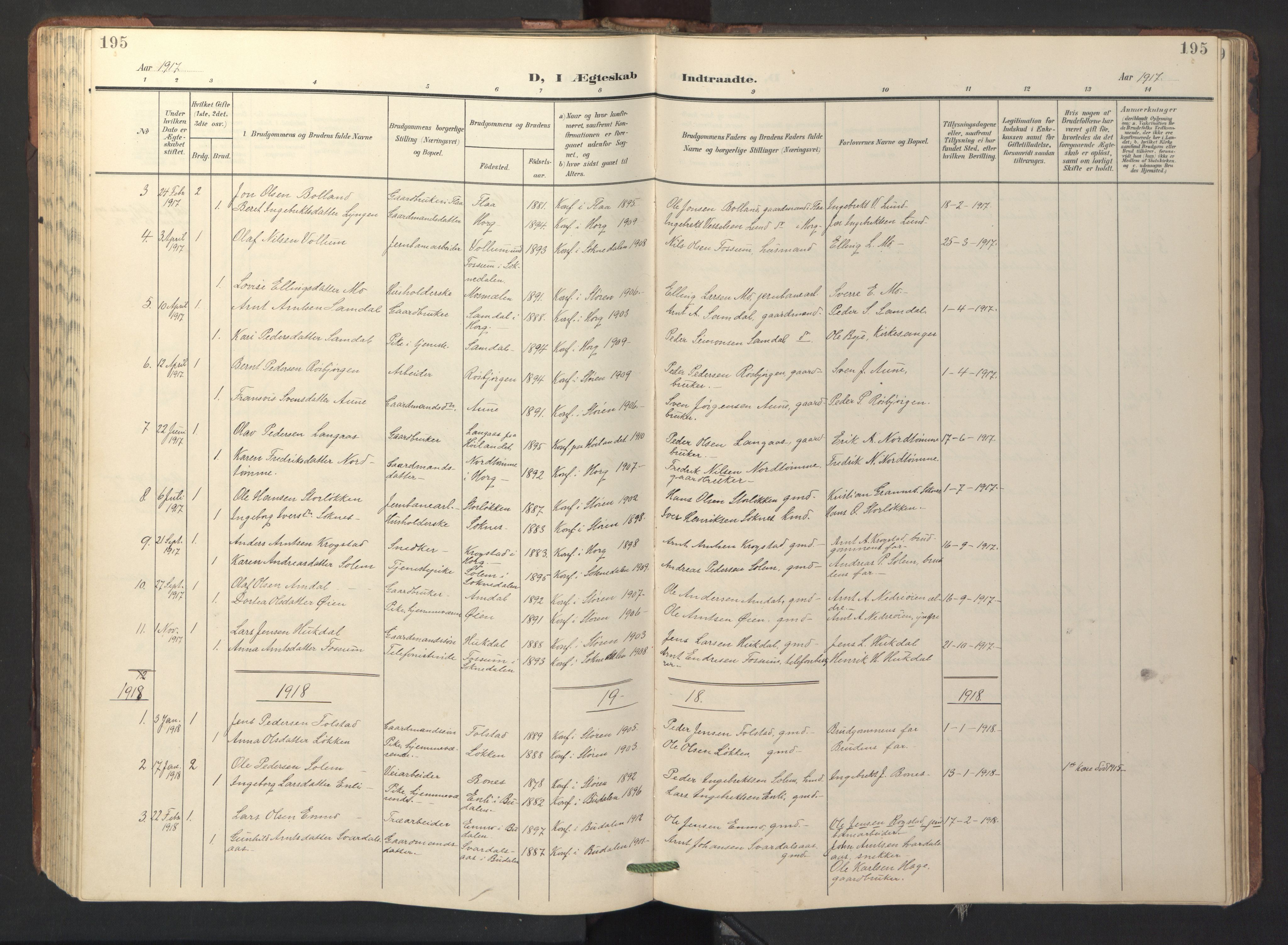 Ministerialprotokoller, klokkerbøker og fødselsregistre - Sør-Trøndelag, SAT/A-1456/687/L1019: Parish register (copy) no. 687C03, 1904-1931, p. 195