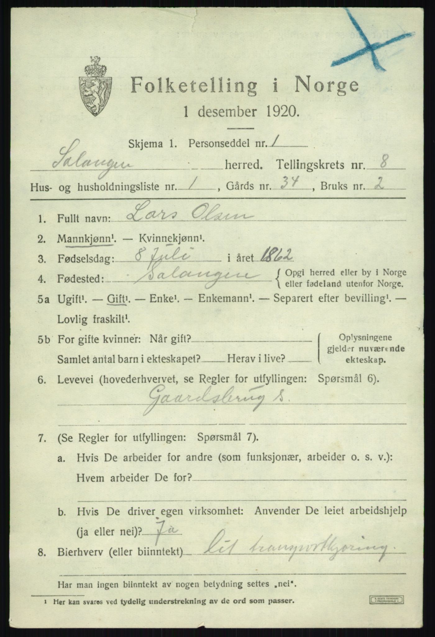 SATØ, 1920 census for Salangen, 1920, p. 5194