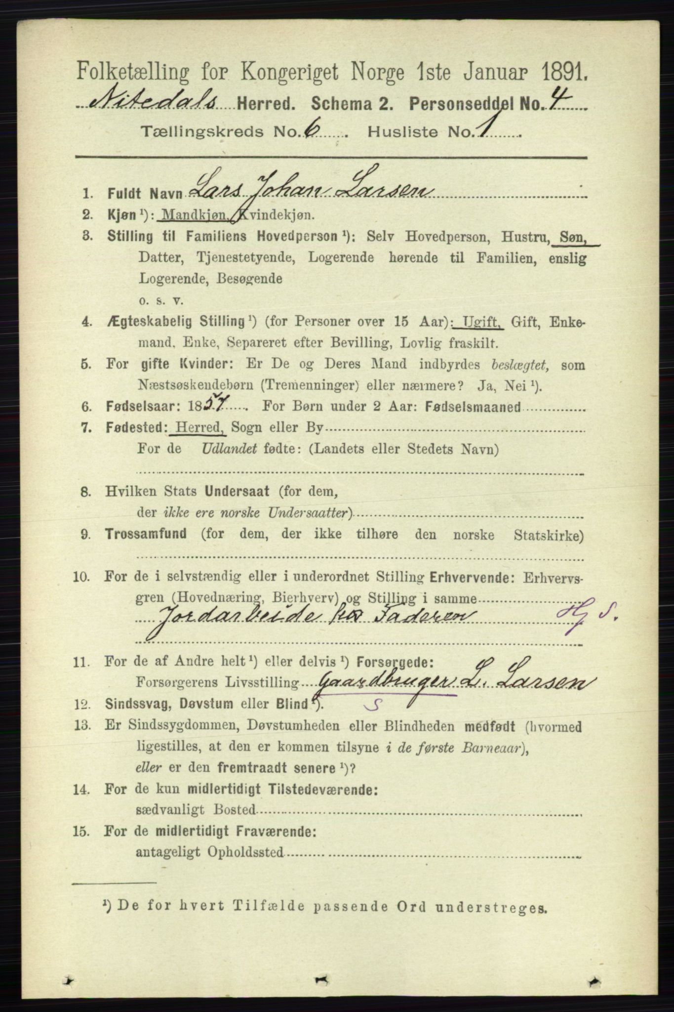 RA, 1891 census for 0233 Nittedal, 1891, p. 2613