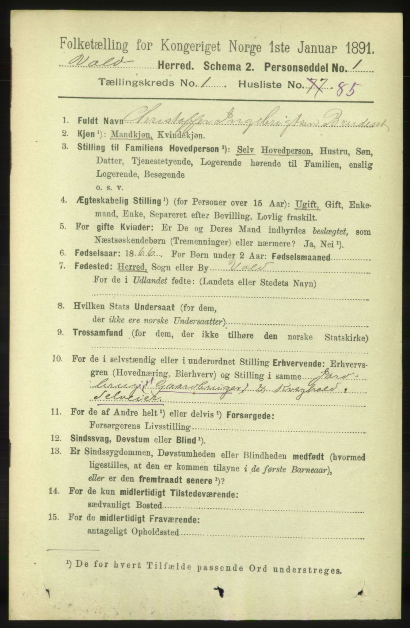 RA, 1891 census for 1537 Voll, 1891, p. 647