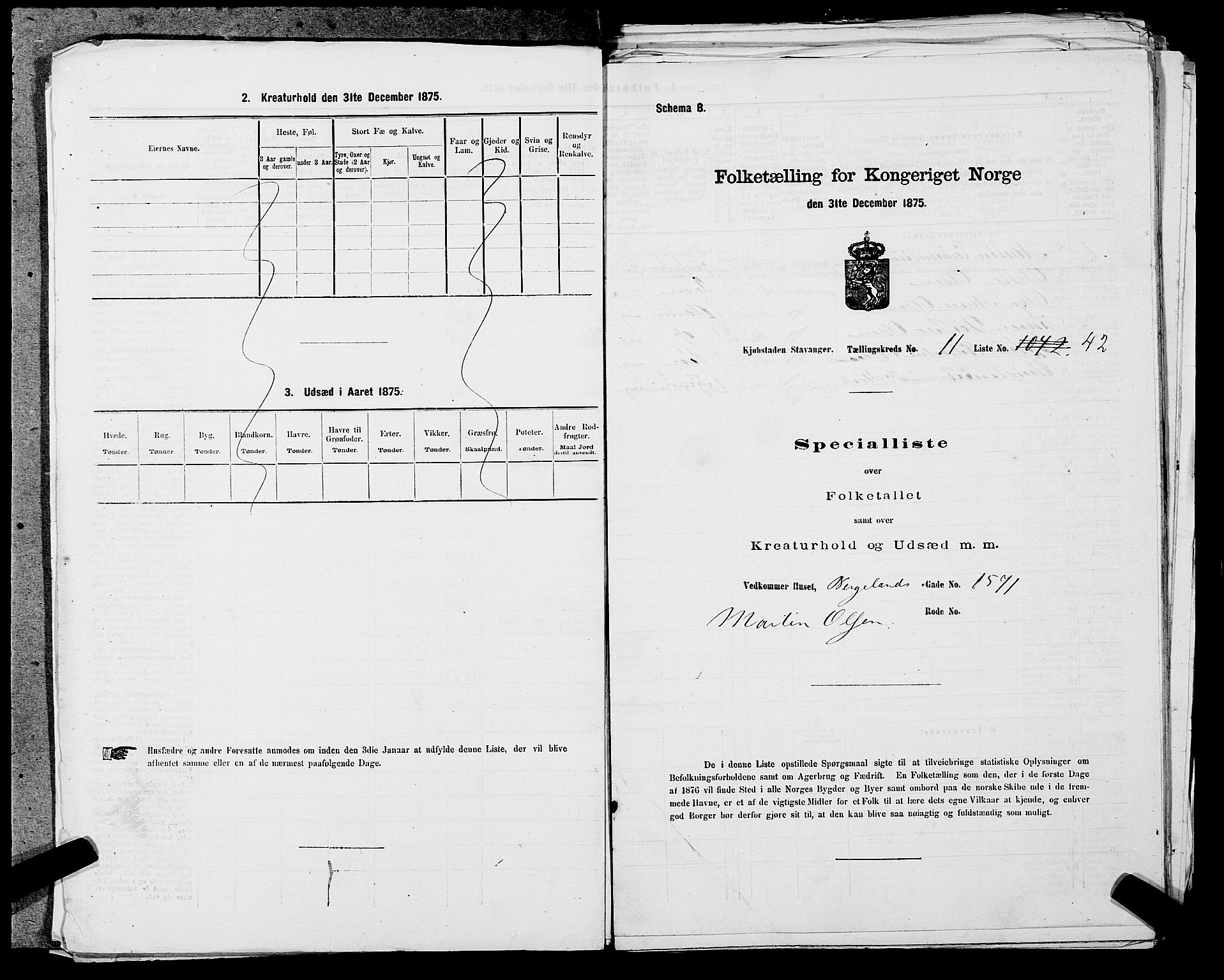 SAST, 1875 census for 1103 Stavanger, 1875, p. 2127