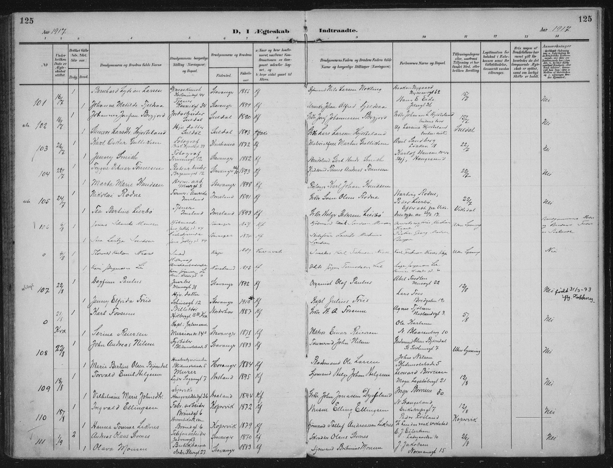 Domkirken sokneprestkontor, SAST/A-101812/002/A/L0016: Parish register (official) no. A 33, 1905-1922, p. 125