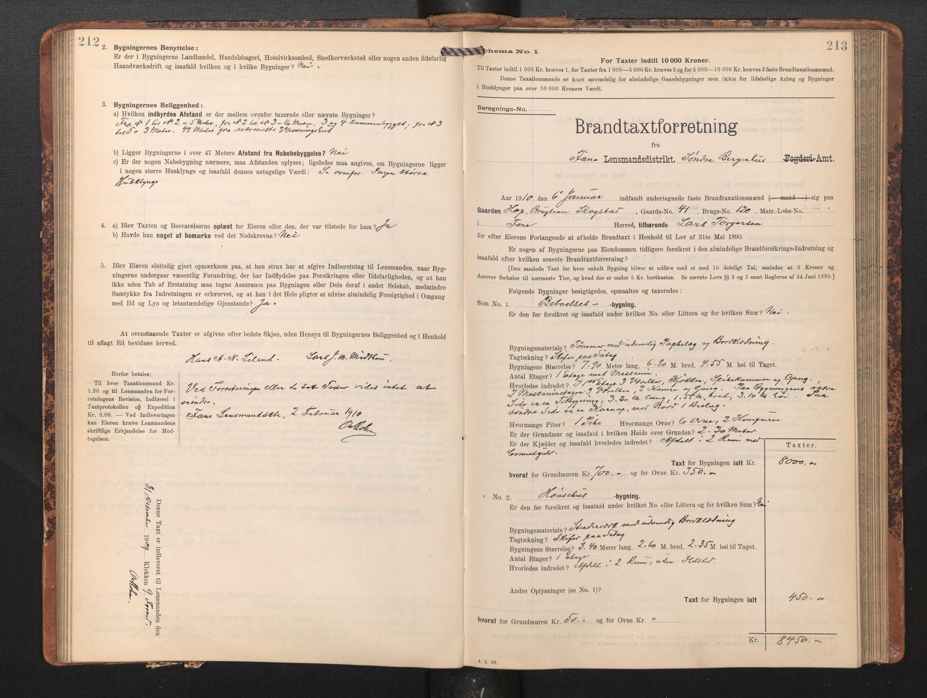 Lensmannen i Fana, AV/SAB-A-31801/0012/L0018: Branntakstprotokoll skjematakst, 1907-1910, p. 212-213