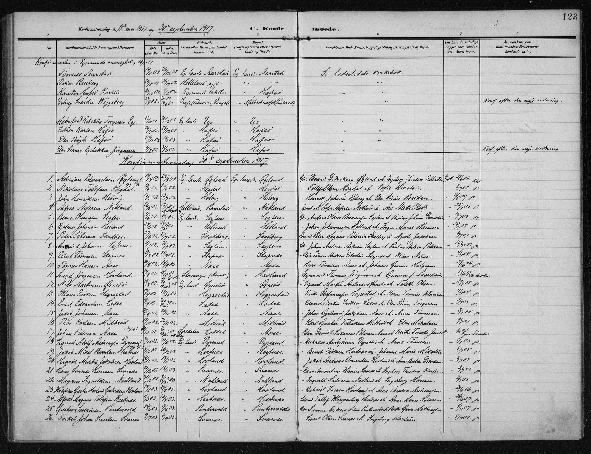 Eigersund sokneprestkontor, SAST/A-101807/S08/L0021: Parish register (official) no. A 20, 1906-1928, p. 123