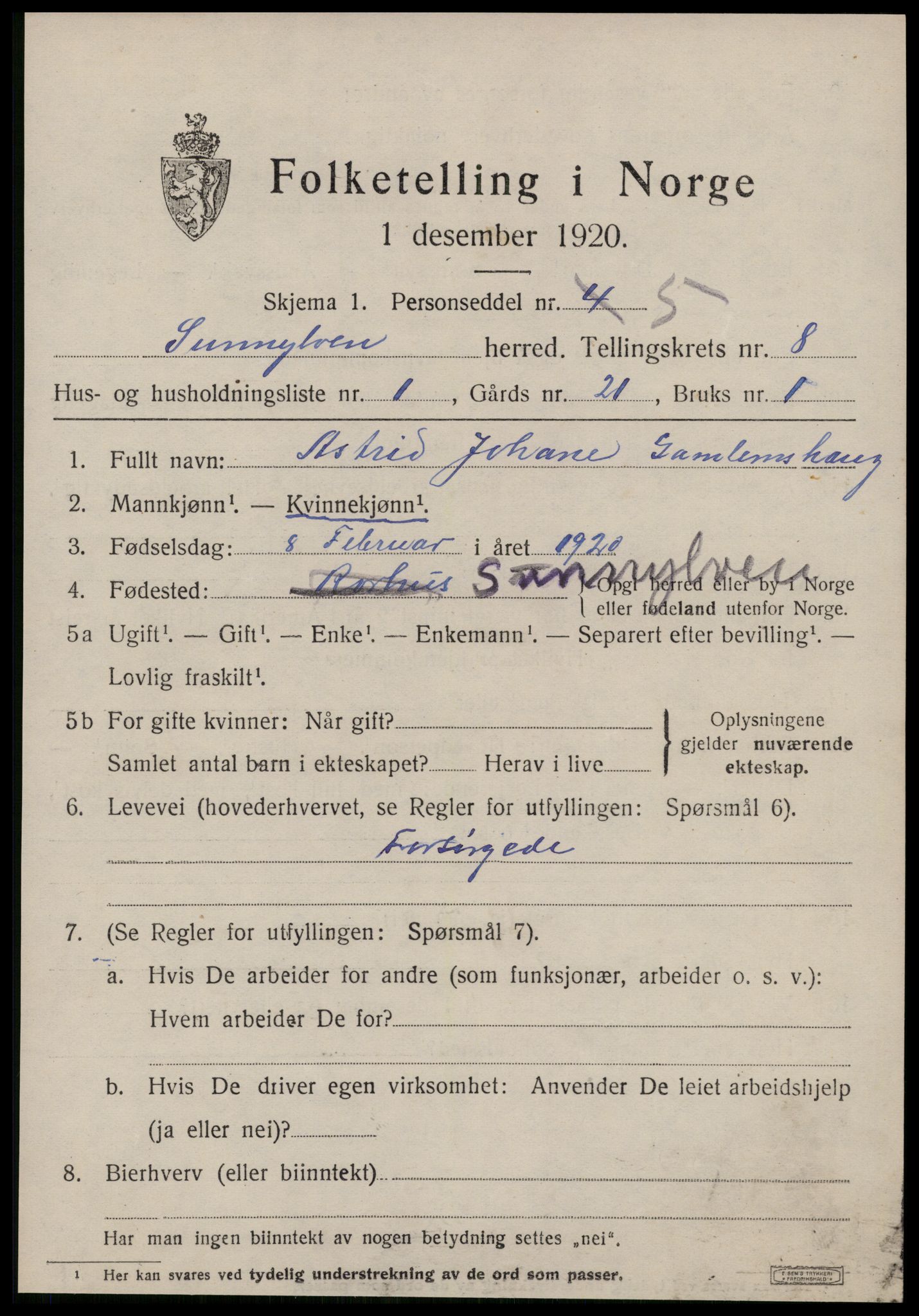 SAT, 1920 census for Sunnylven, 1920, p. 2782