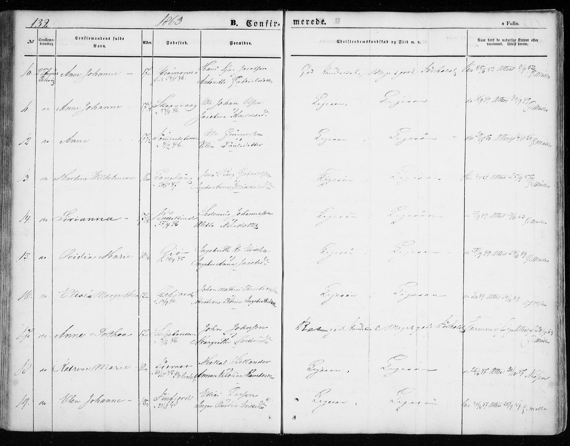 Lenvik sokneprestembete, AV/SATØ-S-1310/H/Ha/Haa/L0007kirke: Parish register (official) no. 7, 1855-1865, p. 132