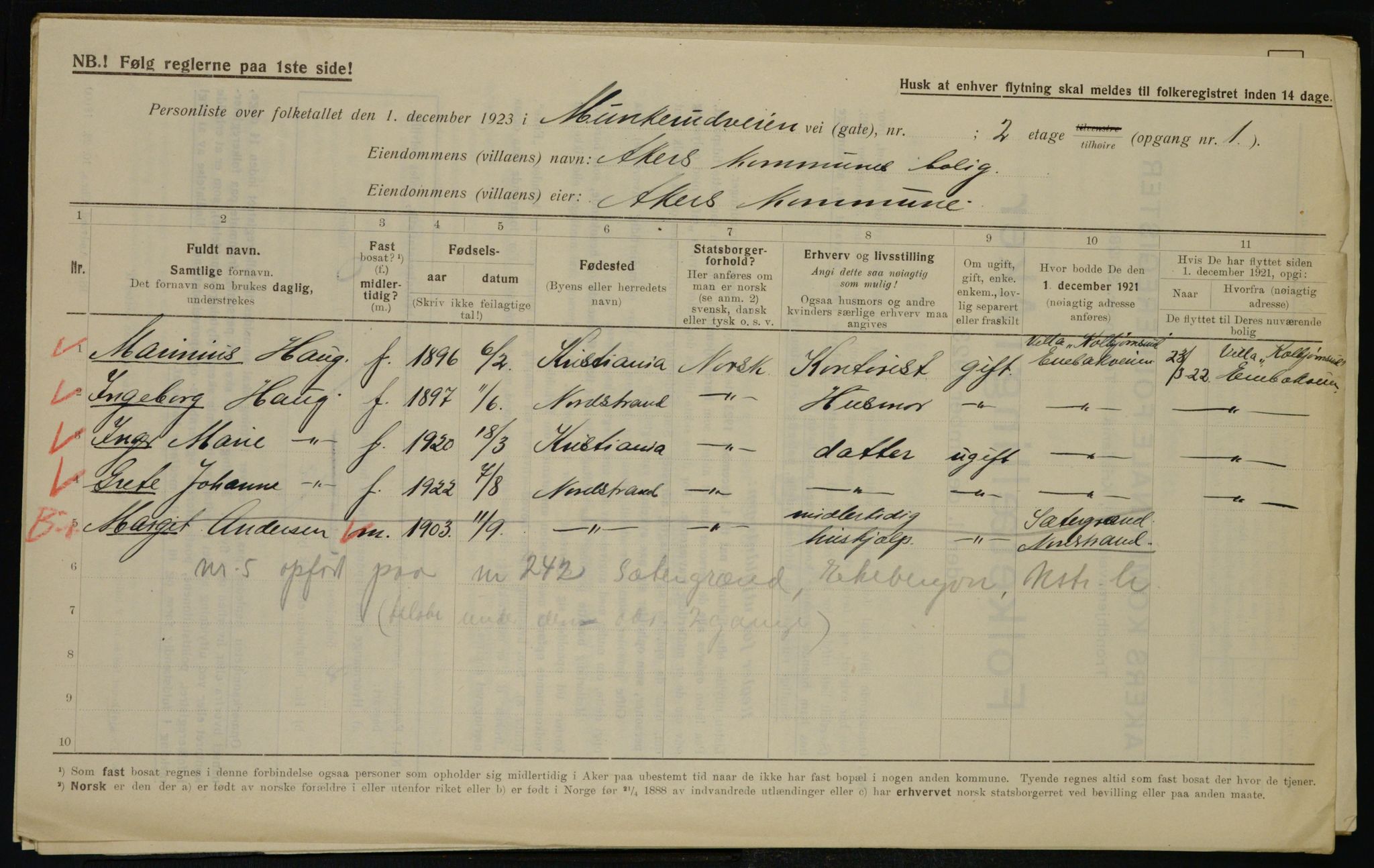 , Municipal Census 1923 for Aker, 1923, p. 42285