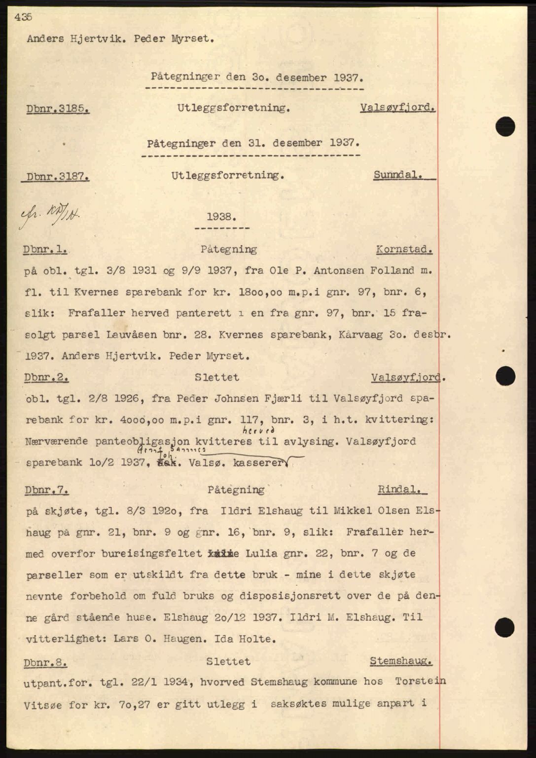 Nordmøre sorenskriveri, AV/SAT-A-4132/1/2/2Ca: Mortgage book no. C80, 1936-1939, Diary no: : 1/1938