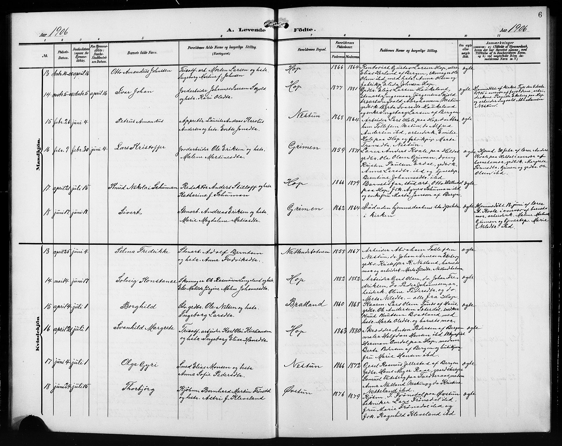 Birkeland Sokneprestembete, SAB/A-74601/H/Hab: Parish register (copy) no. A 6, 1906-1915, p. 6