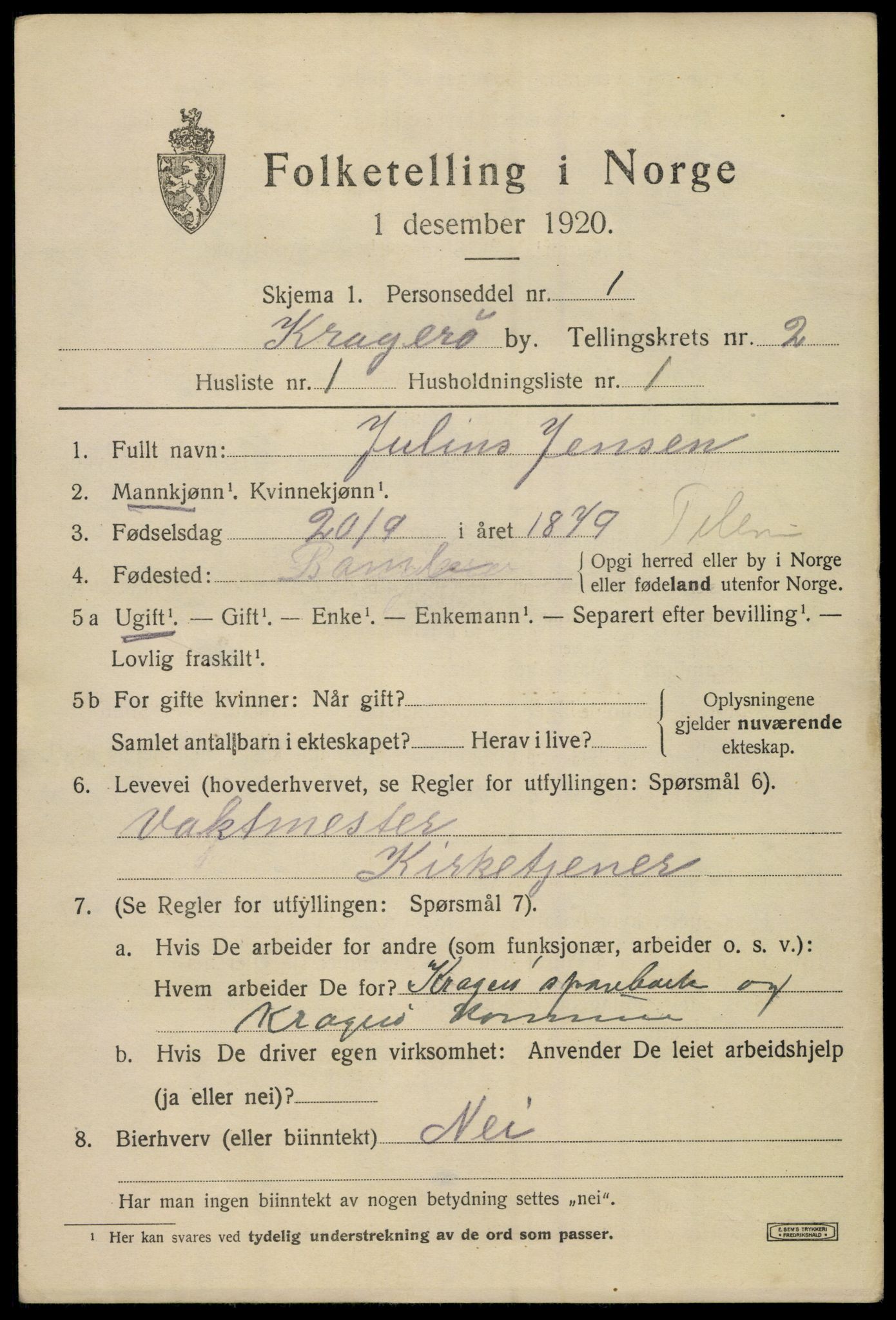 SAKO, 1920 census for Kragerø, 1920, p. 5353