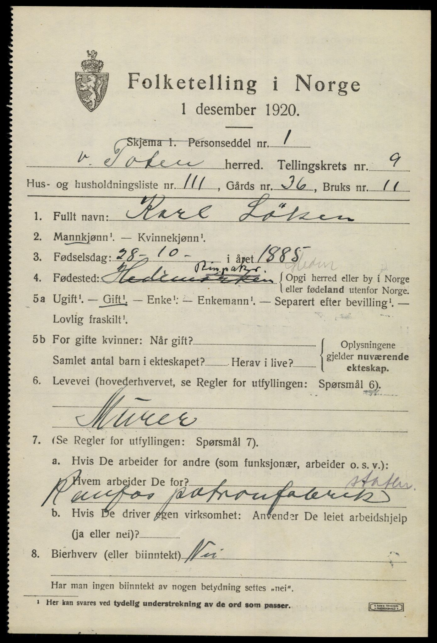 SAH, 1920 census for Vestre Toten, 1920, p. 12996