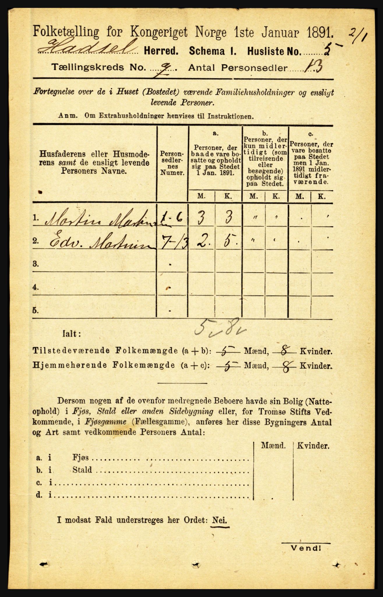 RA, 1891 census for 1866 Hadsel, 1891, p. 3065