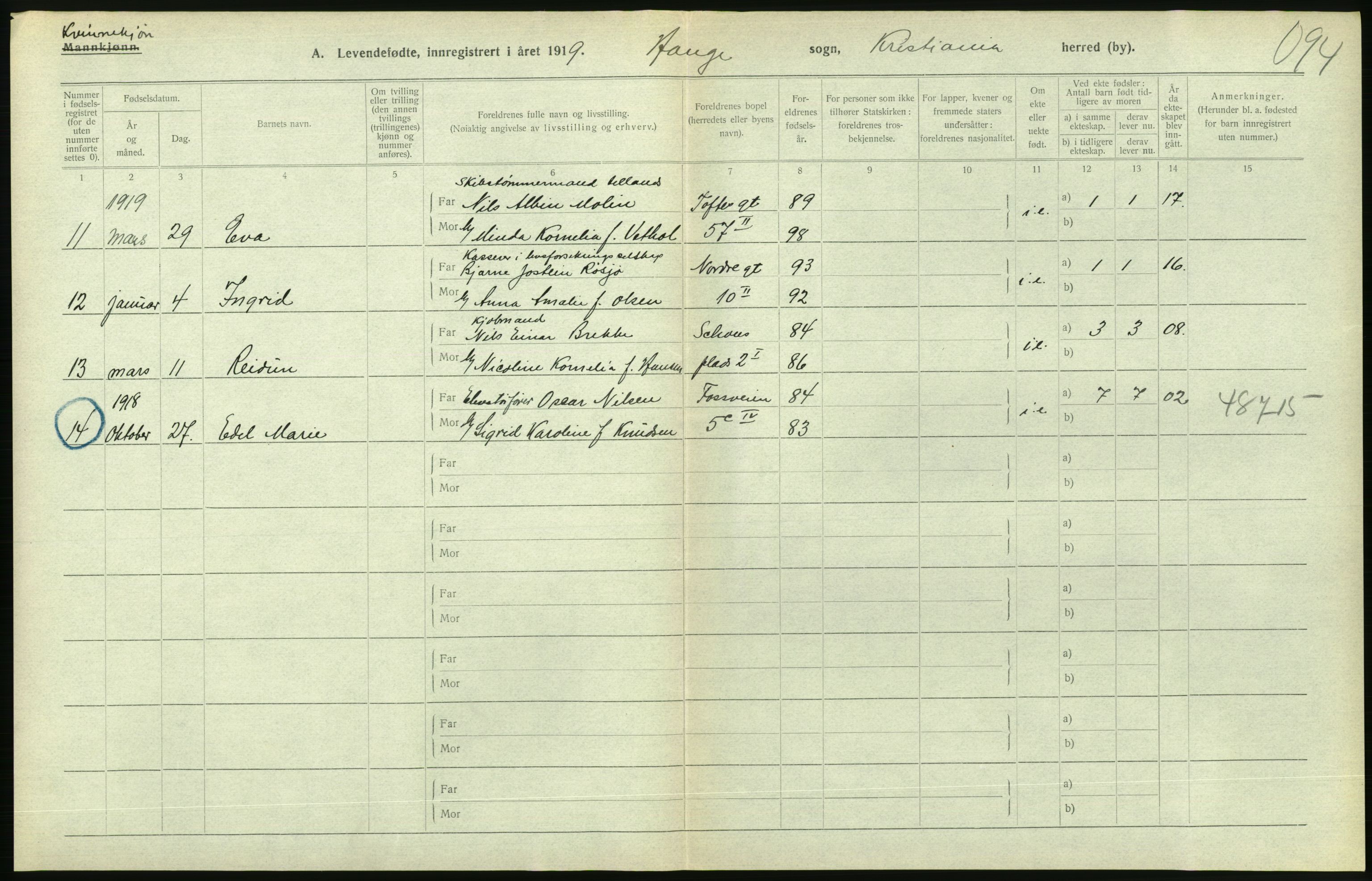 Statistisk sentralbyrå, Sosiodemografiske emner, Befolkning, AV/RA-S-2228/D/Df/Dfb/Dfbi/L0008: Kristiania: Levendefødte menn og kvinner., 1919