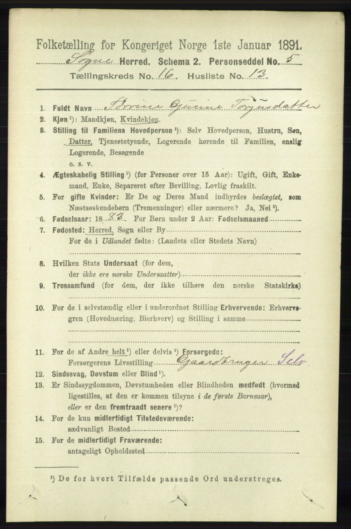 RA, 1891 census for 1018 Søgne, 1891, p. 4461