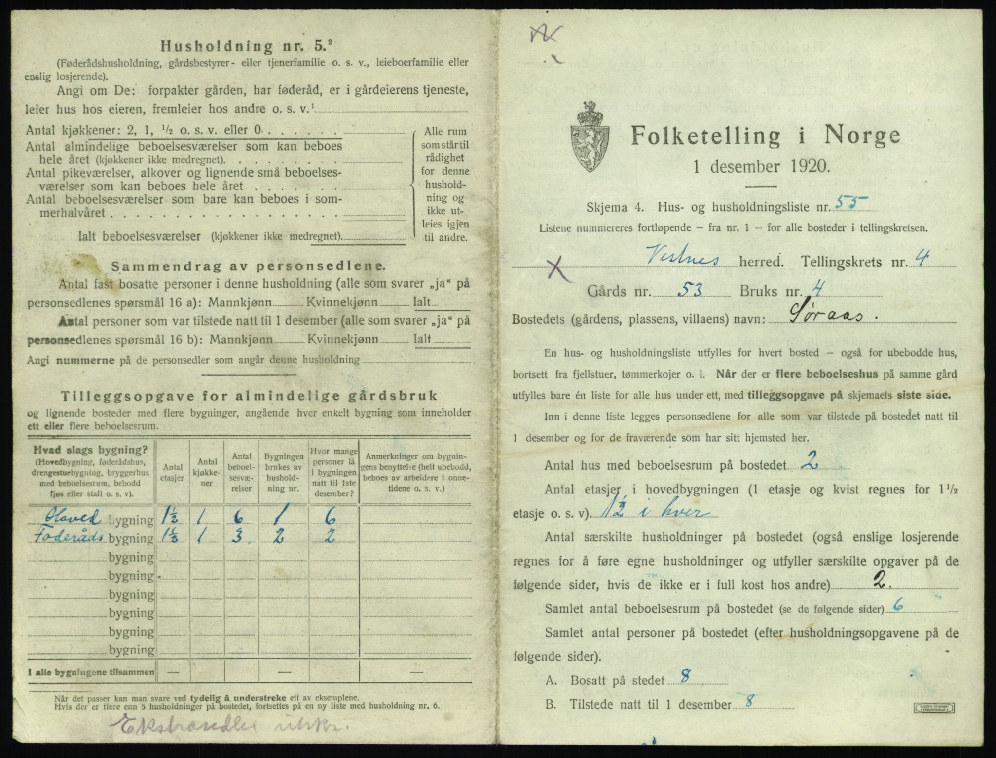 SAT, 1920 census for Vestnes, 1920, p. 575