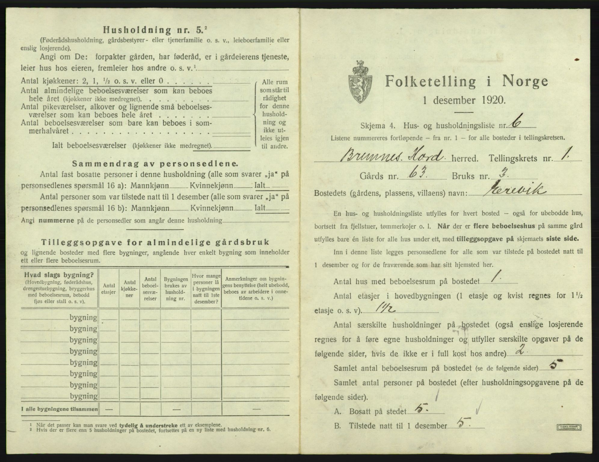 SAB, 1920 census for Bremnes, 1920, p. 53